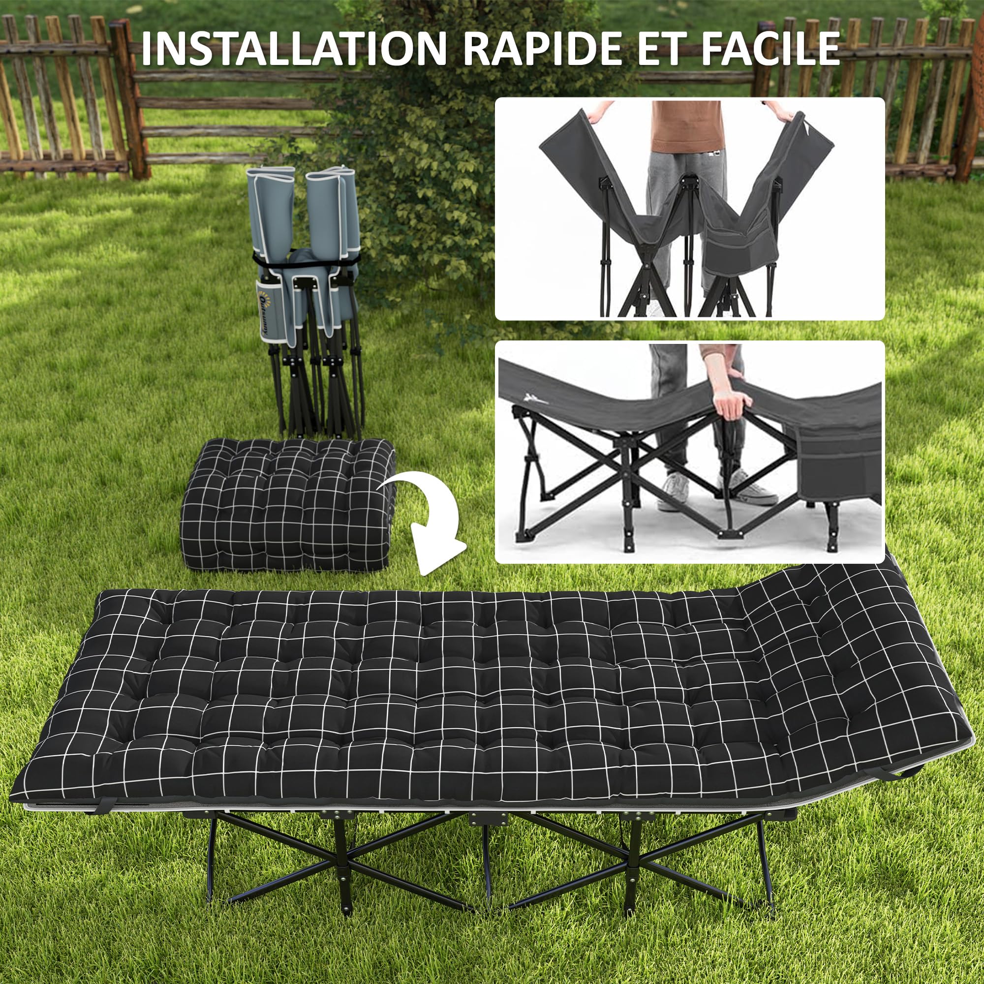 Outsunny Lit de Camping Pliable avec Matelas, Lit de Camp Pliant, Pochette latérale et Sac intégré, transat Chaise Longue en métal et Tissu Oxford, 190 x 67 x 37 cm, Charge 150 kg, Noir