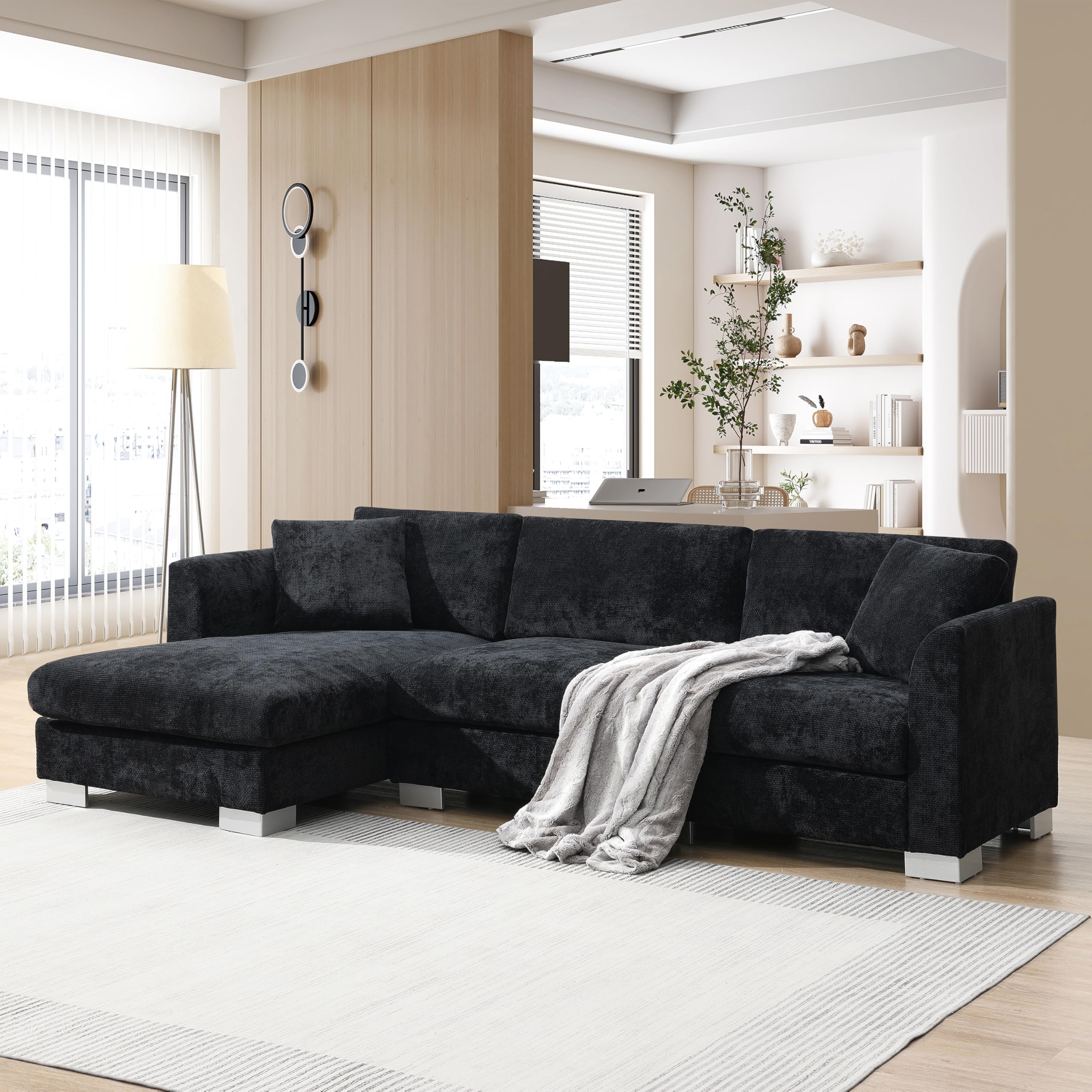WILLIAMSPACE 96" Cloud Sectional Sofa Couch for Living Room, Modern Upholstered L-Shape Sofa 3 Seater Couch with Oversized Chaise, Contemporary Corner Sofa for Apartment, Chenille (Left-Facing,Black)