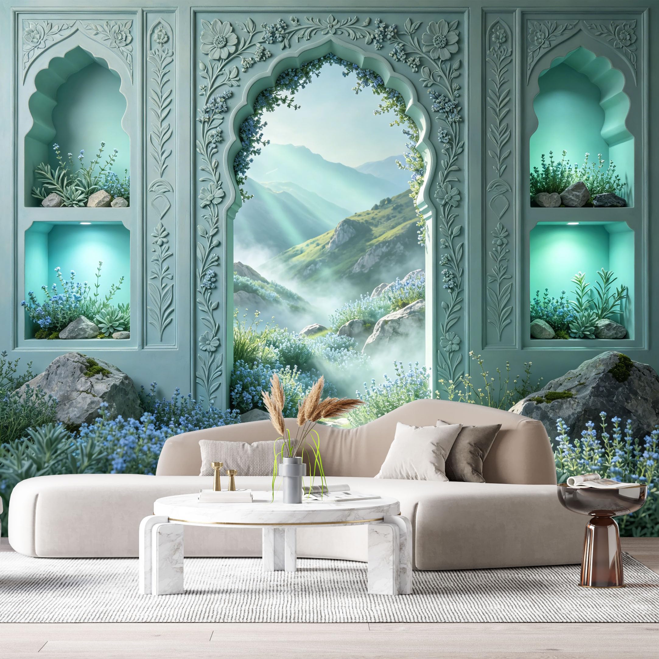 Custom Size Wall Murals Misty Mountain Landscape Floral Archway 3D Trompe L'Oeil SelfAdhesiveWall Fabric Removable Wallpaper Wall Decor for Living Room Bedroom Bathroom