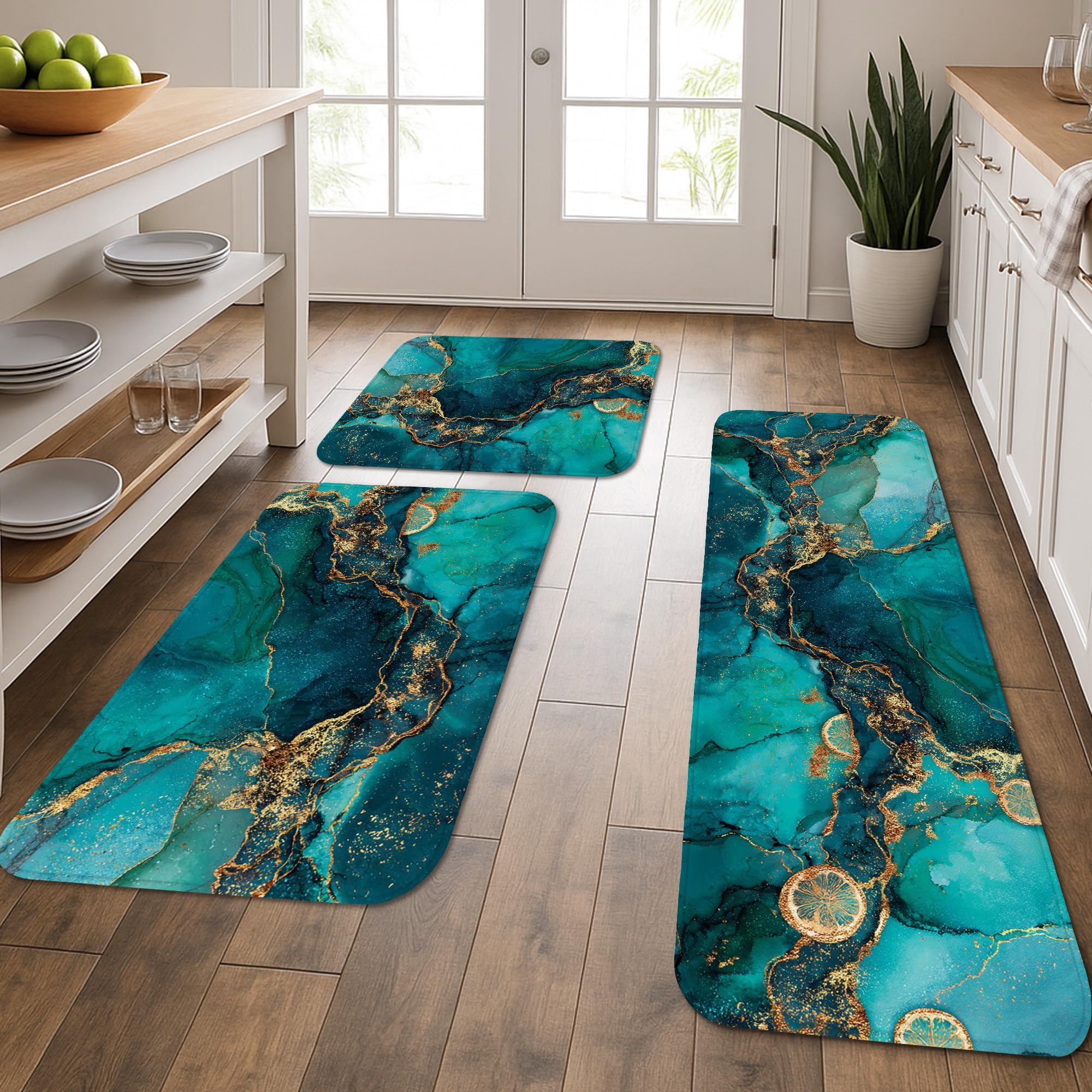 Marble Kitchen Mats for Floor, Teal Blue Stone Patterned Soft Mats, Cushioned Comfort Washable Non Slip Decor Rugs for Kitchen Sinks Laundryroom Bathroom 3Pcs