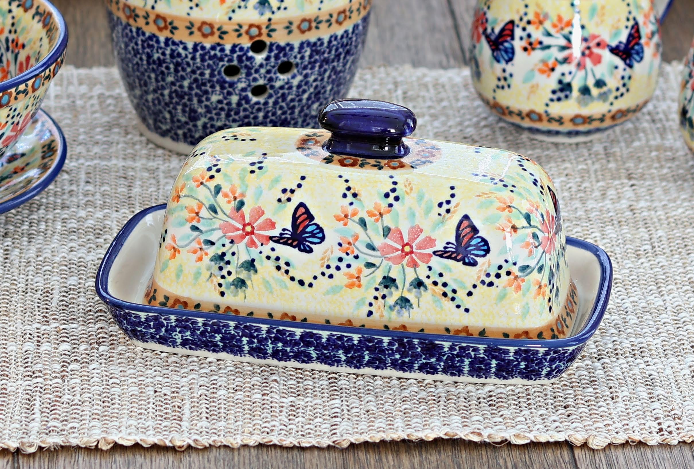 Blue Rose Polish Pottery Blue Butterfly Butter Dish