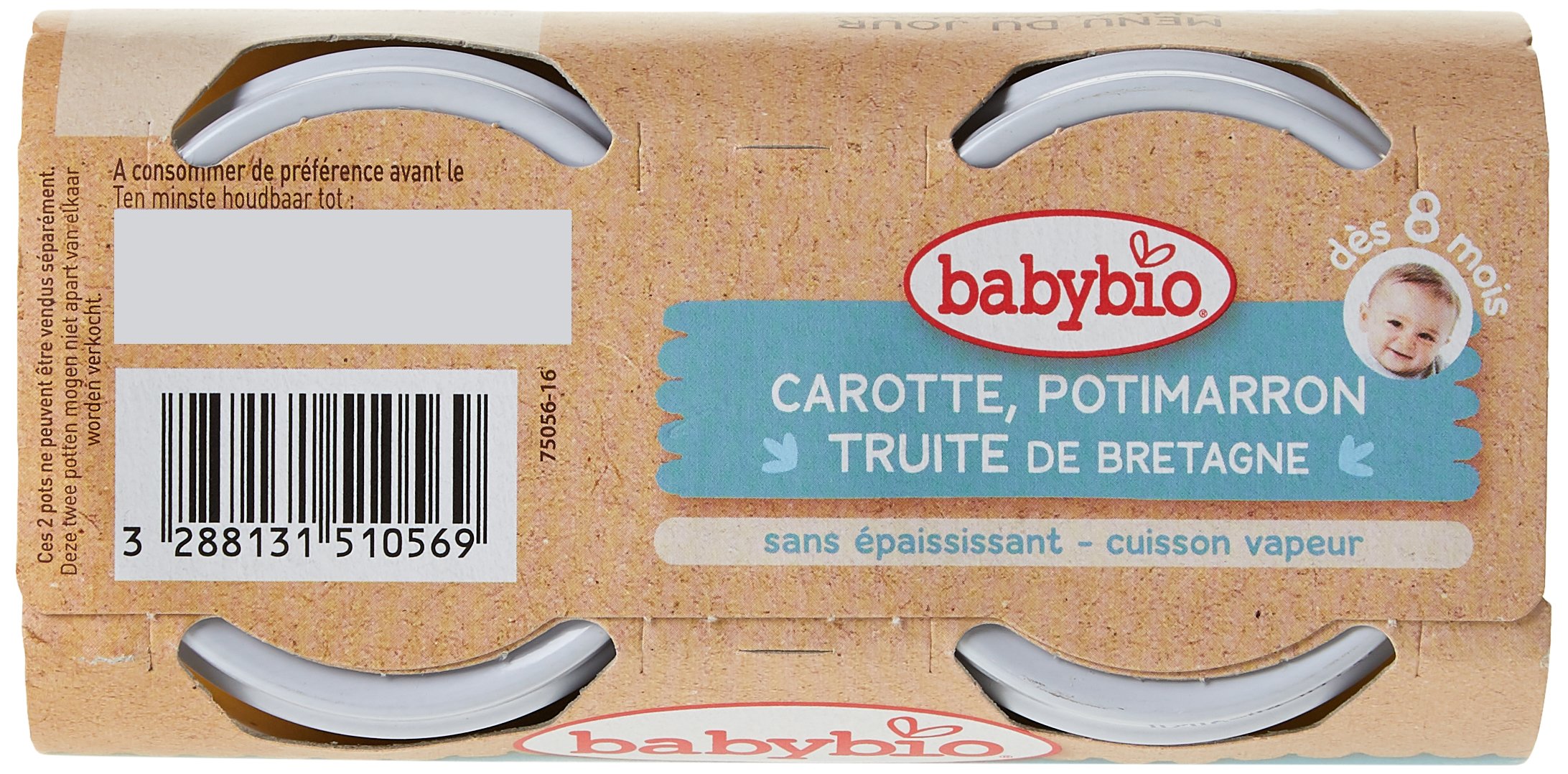 Babybio - Petits Pots Carotte Potimarron Truite de Bretagne 2x200 g - 8+ Mois - BIO - Lot de 6