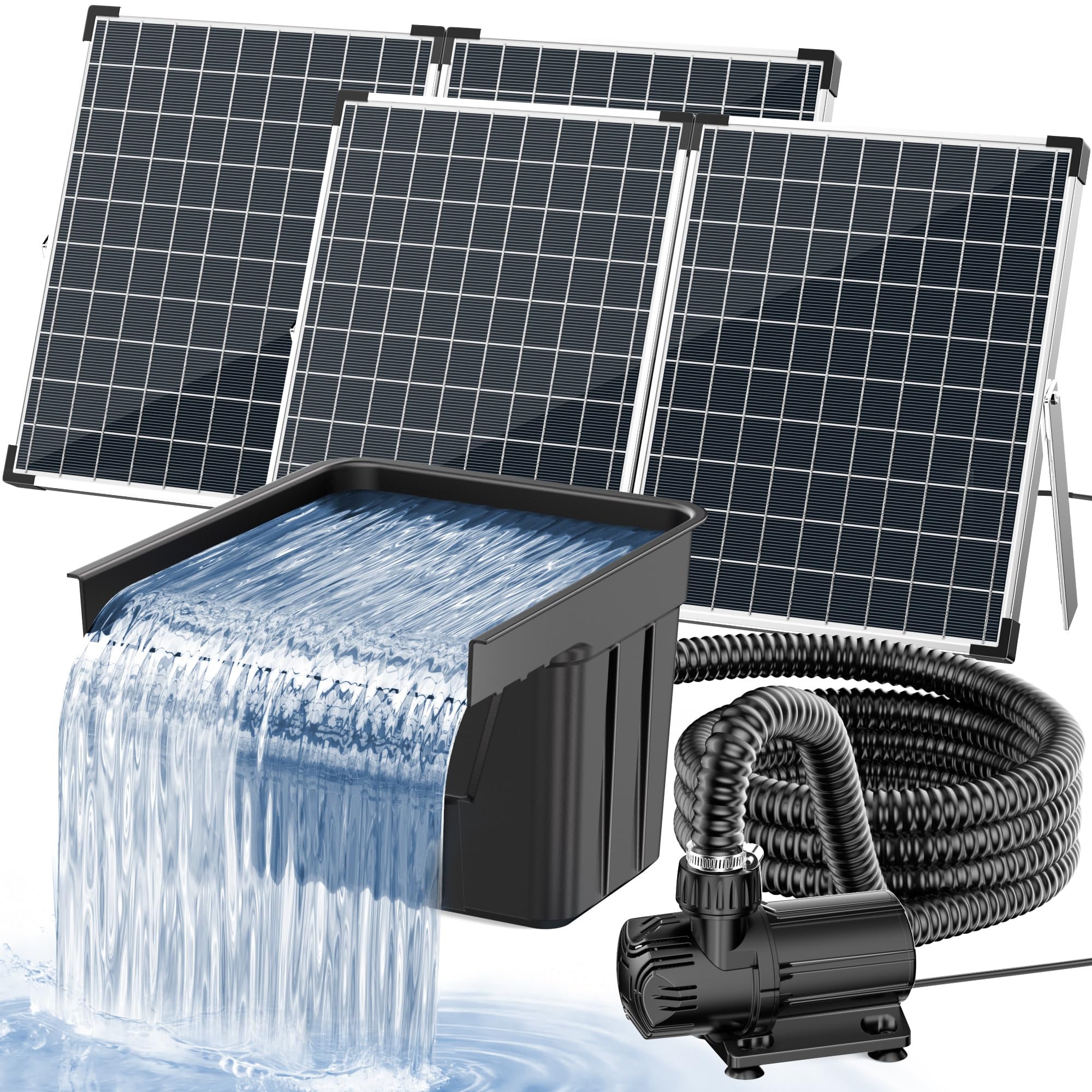 POPOSOAP Cascada Solar para Estanque con Panel Solar de 100W y Bomba de 4500 L/h, Tubo Corrugado de 3m, Material Filtrante, Cascada para Estanque de Jardín Exterior, Arroyos
