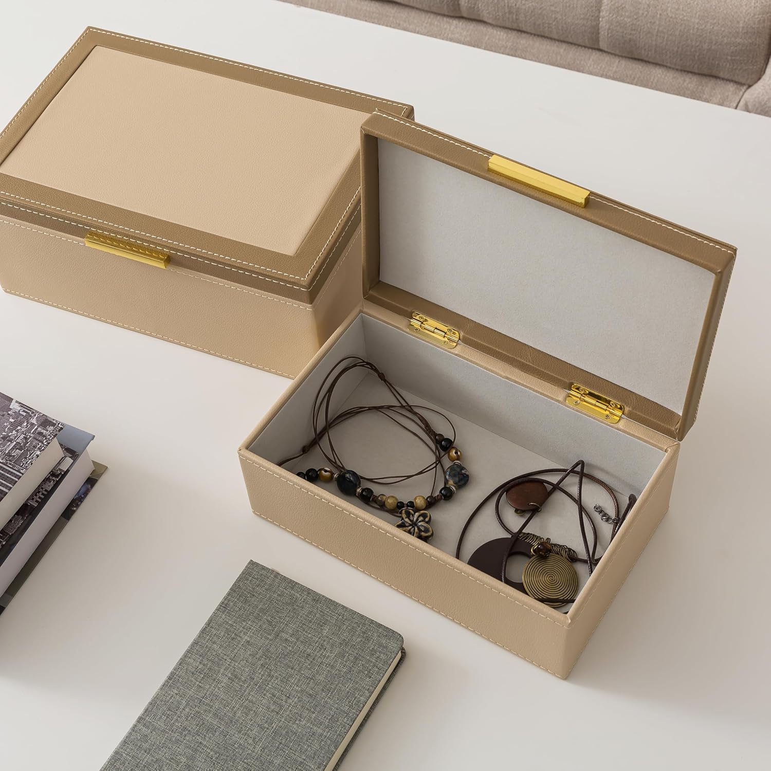 Soul & Lane Faux Leather Decorative Boxes with Lids and Gold Hardware for Home Decor, Set of 2 Stacking Hinged Boxes for Coffee Table and Living Room Shelves, Remote Control Holder, Two-tone Sand