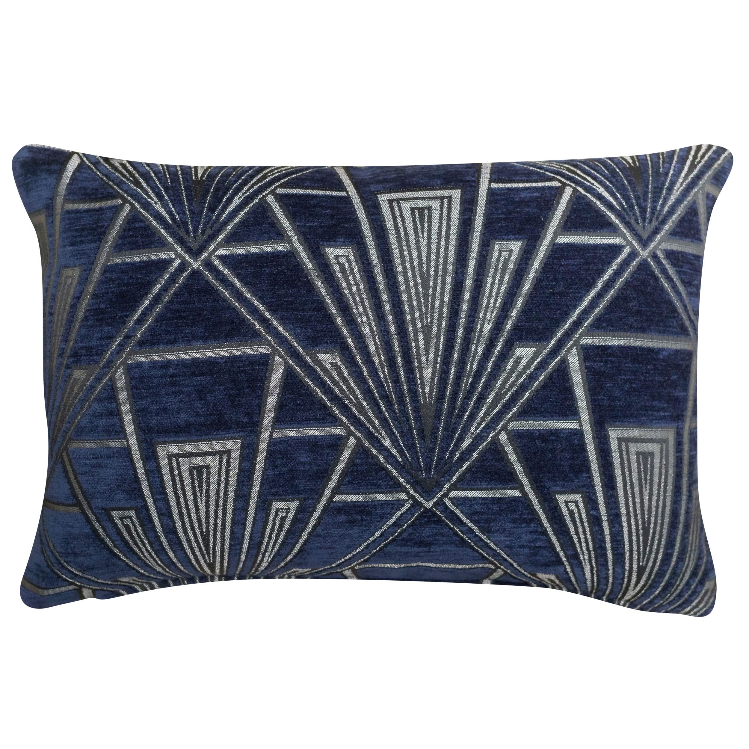 Linen Loft Navy Blue Art Deco Boudoir Cushion Cover. Double Sided Luxury Velvet Chenille. Bold And Silver Geometric Design. 20S/30S Style. 17X12 Rectangle Cover Only