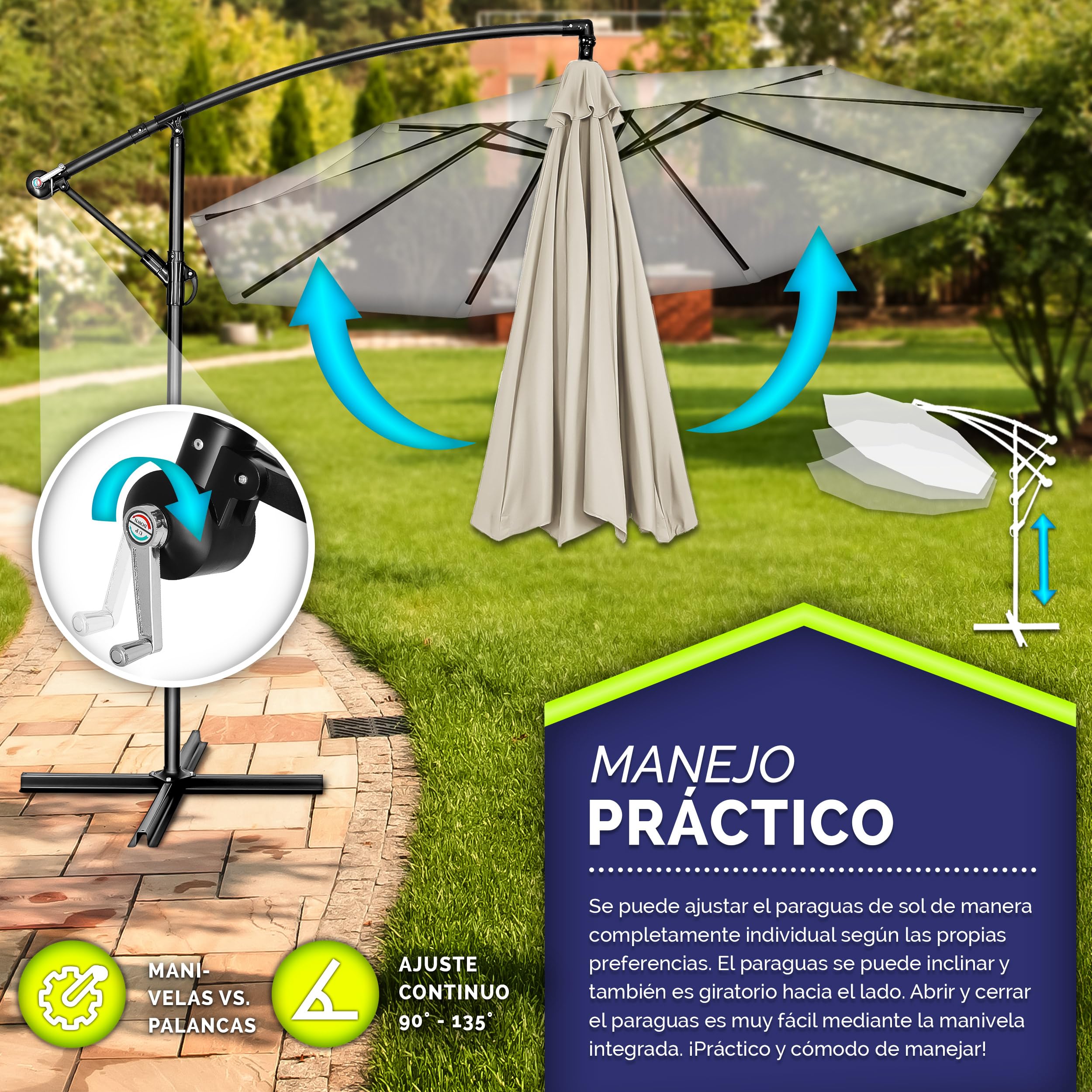 tillvex Sombrilla de 300/350 cm de diámetro con manivela, sombrilla con soporte, sombrilla de jardín, protección UV, aluminio, paraguas de mercado impermeable