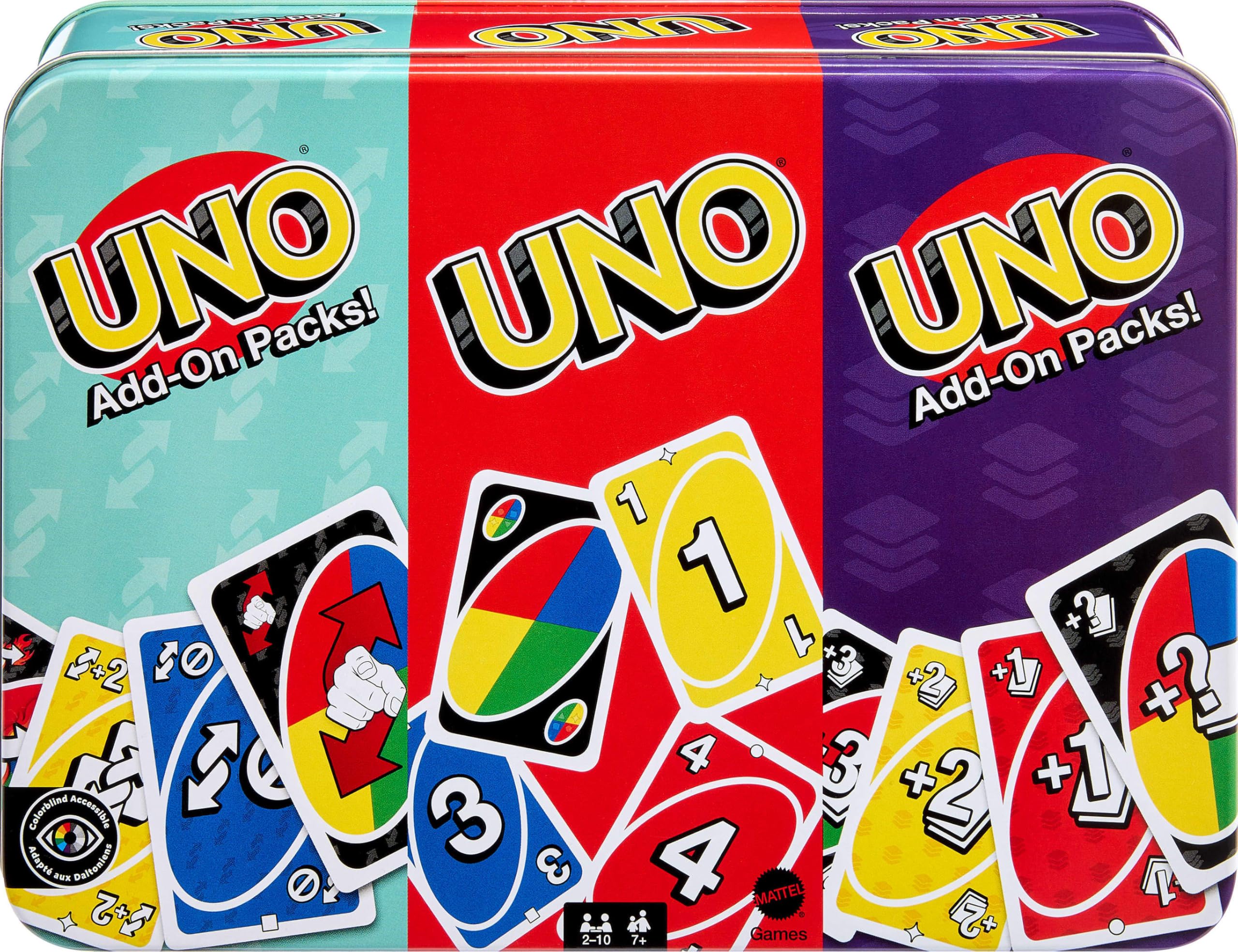 Mattel Games UNO Card Game with 2 Add On Packs & Collectible Tin for Kids, Adults & Family Game Night. 2 to 10 Players, JCV60