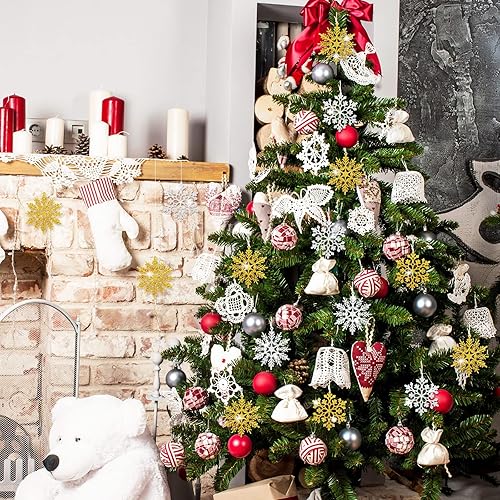 Miniatura 4 de 40 adornos de copo de nieve de Navidad con cuerda, 2 diseños de copos de nieve dorados y plateados, copos de nieve surtidos para decoración de árbol