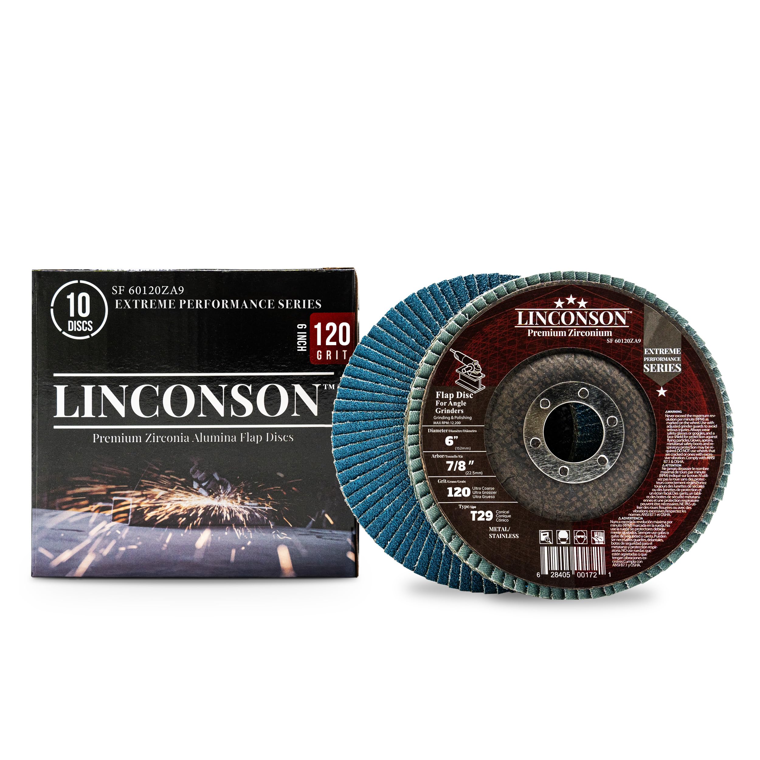 LINCONSON Paquete de 10 muelas abrasivas de circonita de grano 120 de 6 pulgadas y disco de lijado de solapa para metal y acero inoxidable 7/8 pulgadas eje T29 cónico (SF 60120ZA9), serie de