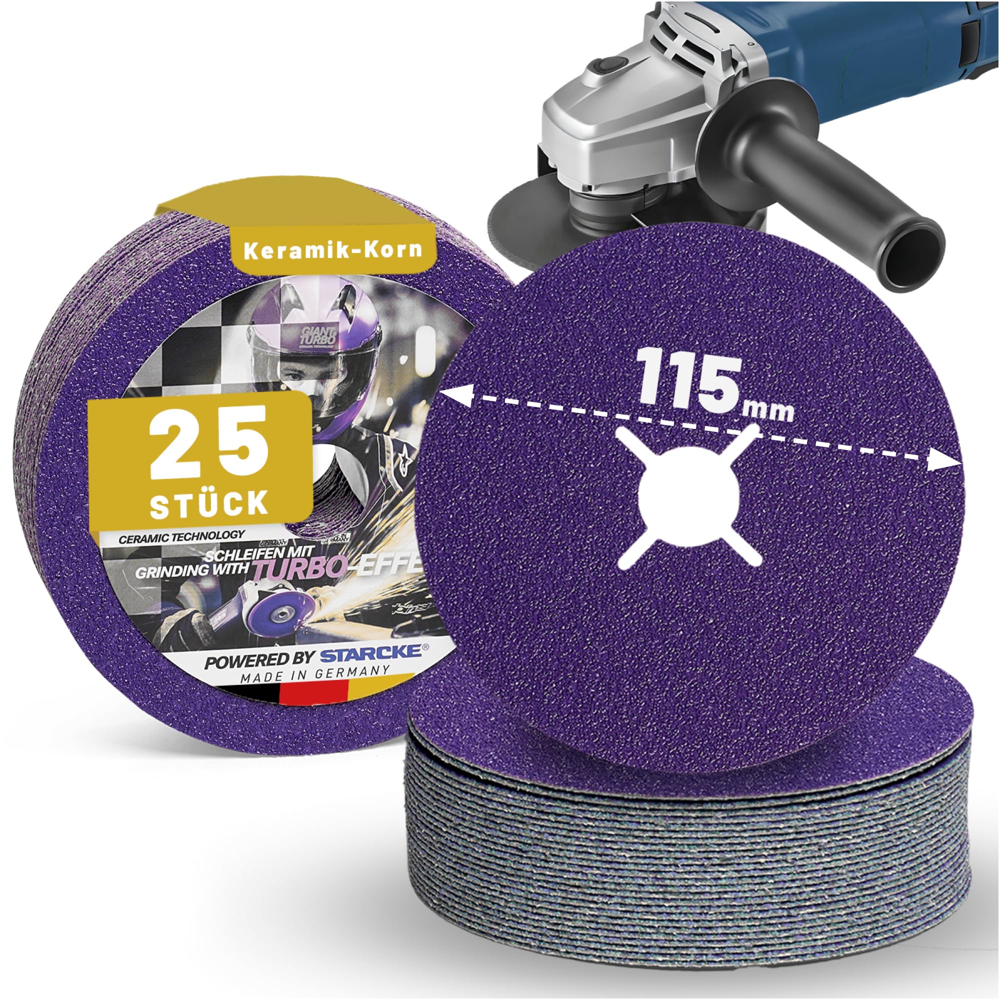 STARCKE® Fiberscheiben 115mm Metall für Winkelschleifer [25x] Langlebig - MADE IN GERMANY - GIANT TURBO - Fiberscheibe & Flexscheibe - für Stahl, Edelstahl, Aluminium, Titan (P60)