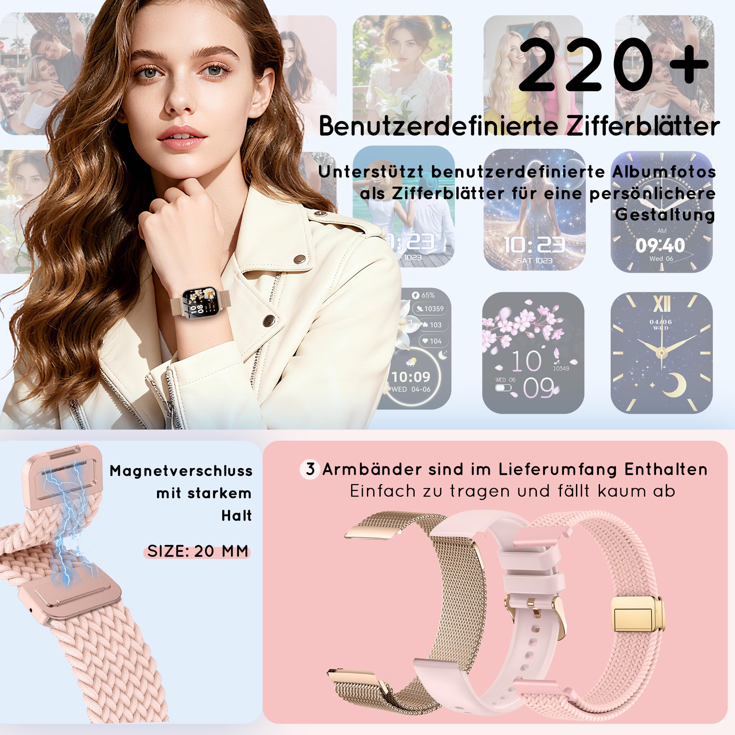 Smartwatch Damen mit Telefonfunktion 1,85" 30+ Tage Autarkiezeit Fitnessuhr Herzfrequenz SpO2 Schlaf Monitor 120+ Sportmodi 1000mAh iOS Android Roségold