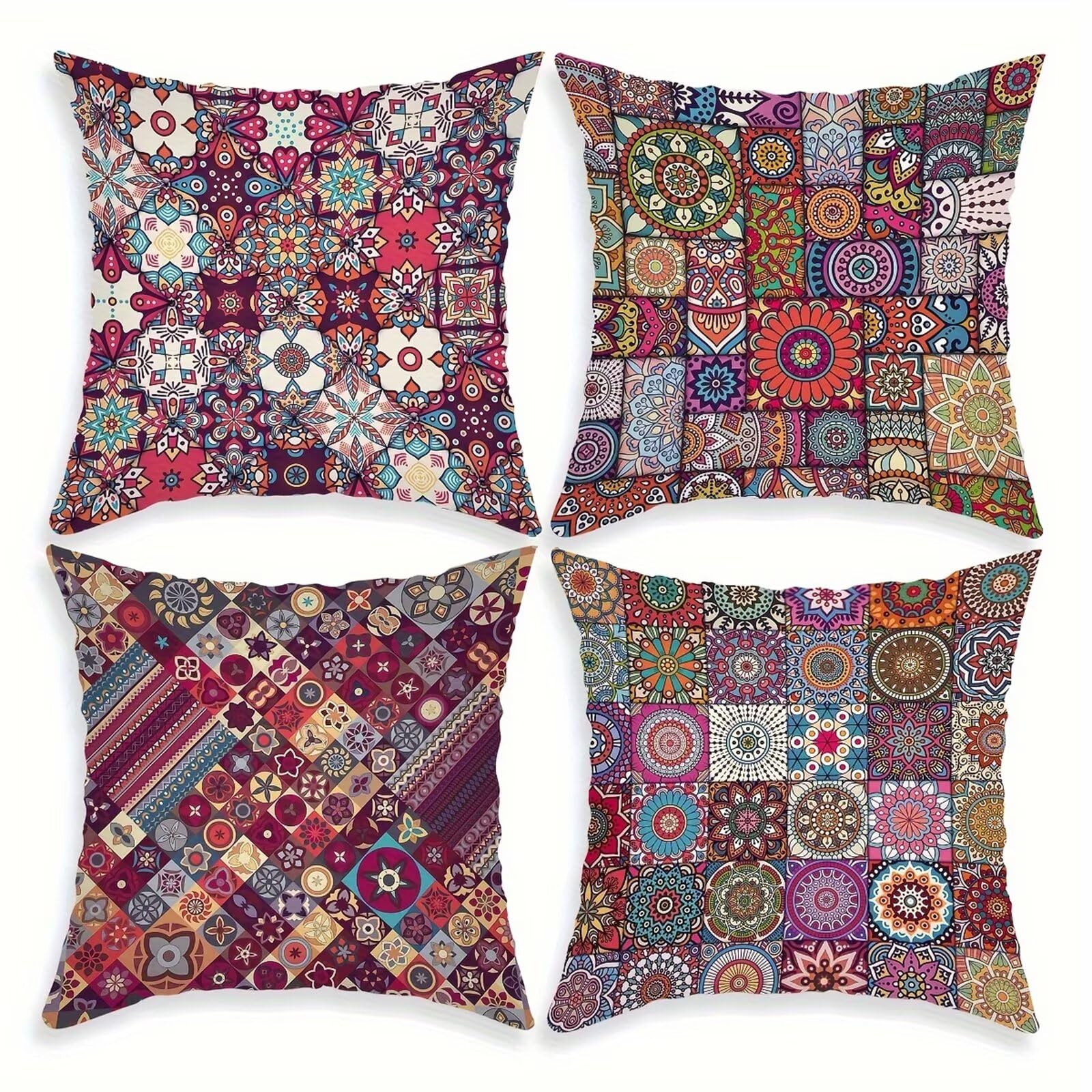 Heaen Outdoor Cushions Covers Waterproof 35x35 cm Set of 4 Square Linen Pillow Cases Mandala Checkered Decorative Dushions for Sofa Porch Patio Home Decor