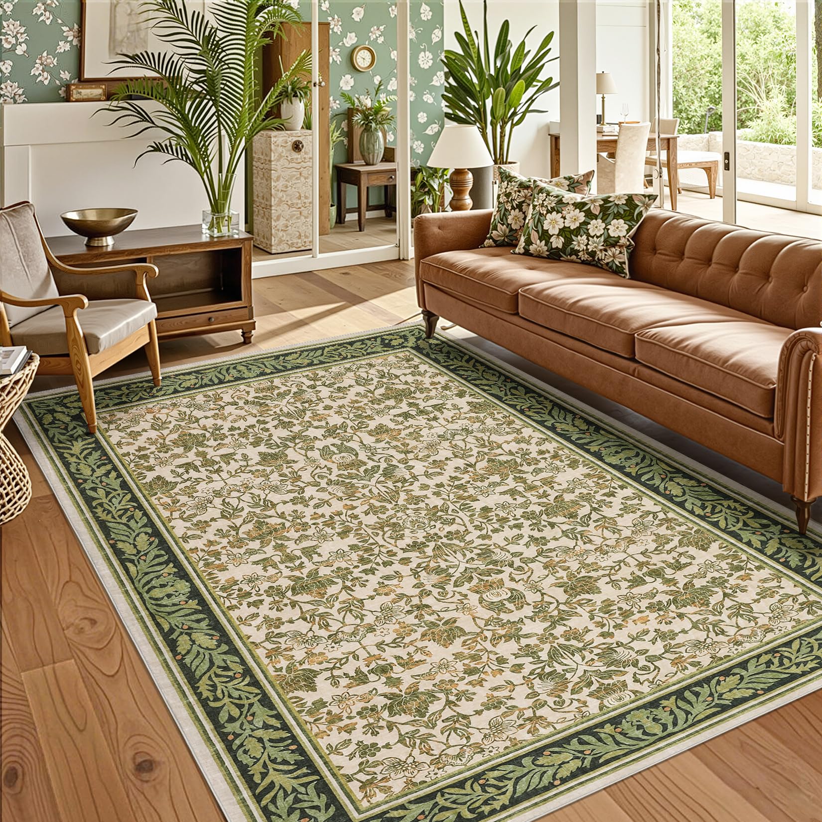 GarveeHome 5x7 Washable Area Rugs for Living Room, Boho Vintage Rug Non Slip Low Pile Stain Resistance Indoor Soft Large Throw Carpet for Bedroom