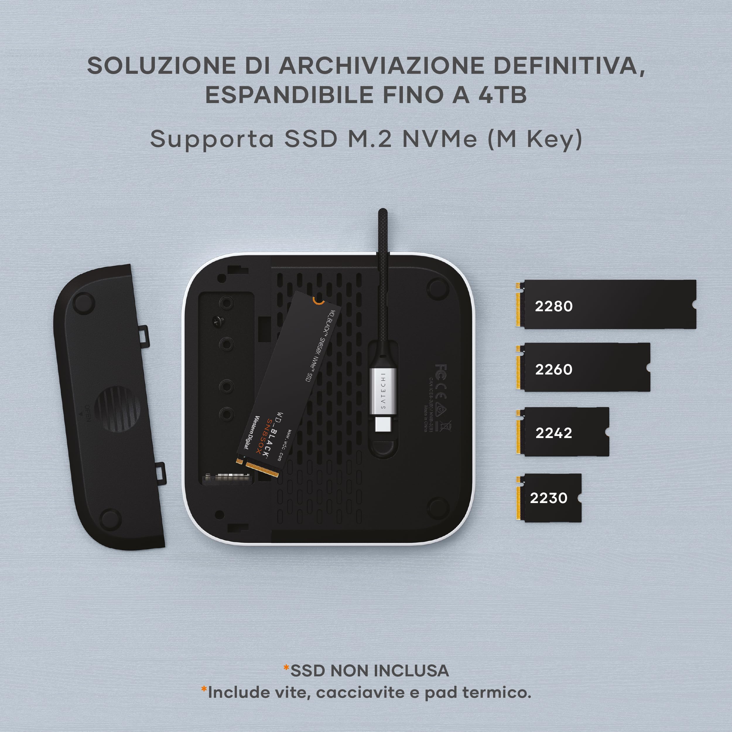 SATECHI Mac Mini M4 Hub & Supporto con SSD NVMe 10Gbps | Per Mac Mini M4 e M4 Pro, ventilazione ottimizzata, 2x USB-A 10Gbps, 1x a 480Mbps, lettore SD, cavo host USB-C integrato