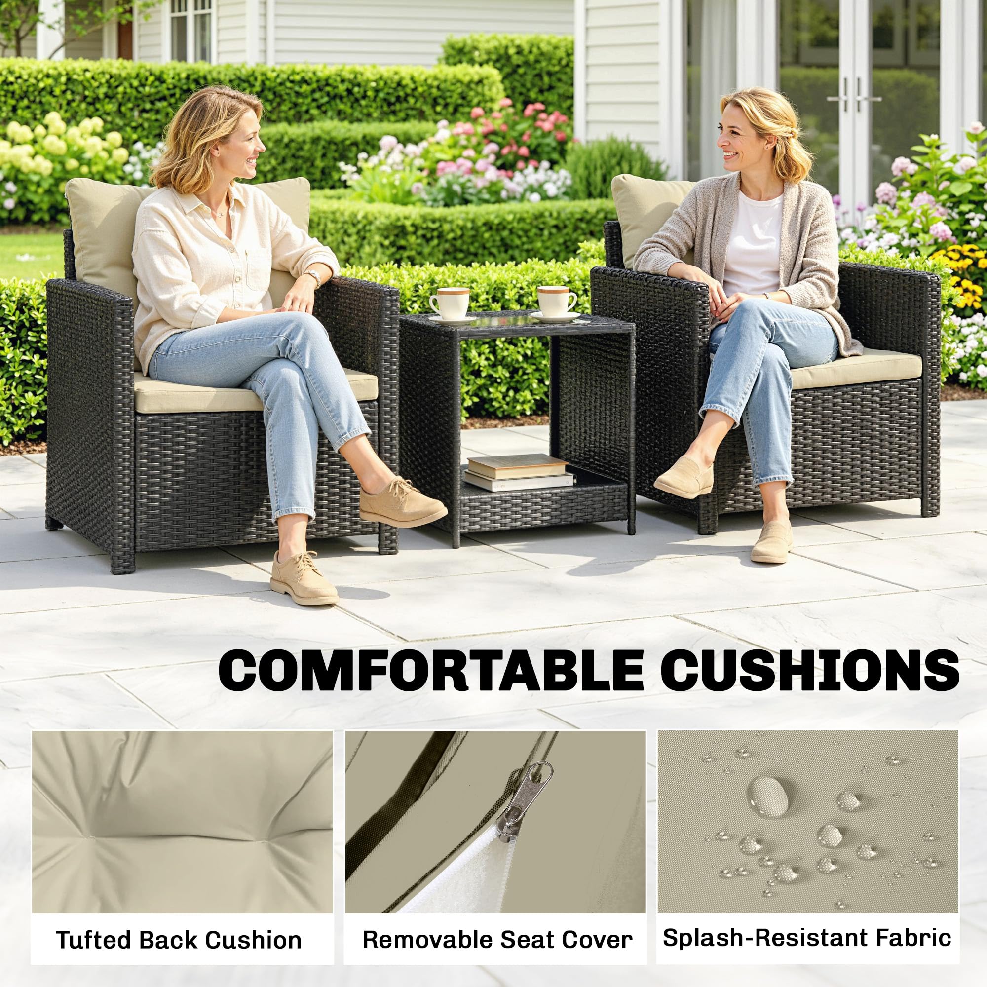 Outsunny 3 Piece Wicker Patio Furniture Set, PE Rattan Outdoor Bistro Set with Armchairs, 2-Tier Glass-Top Table, Cushions, Outdoor Conversation Furniture for Porch Balcony, Beige - 5