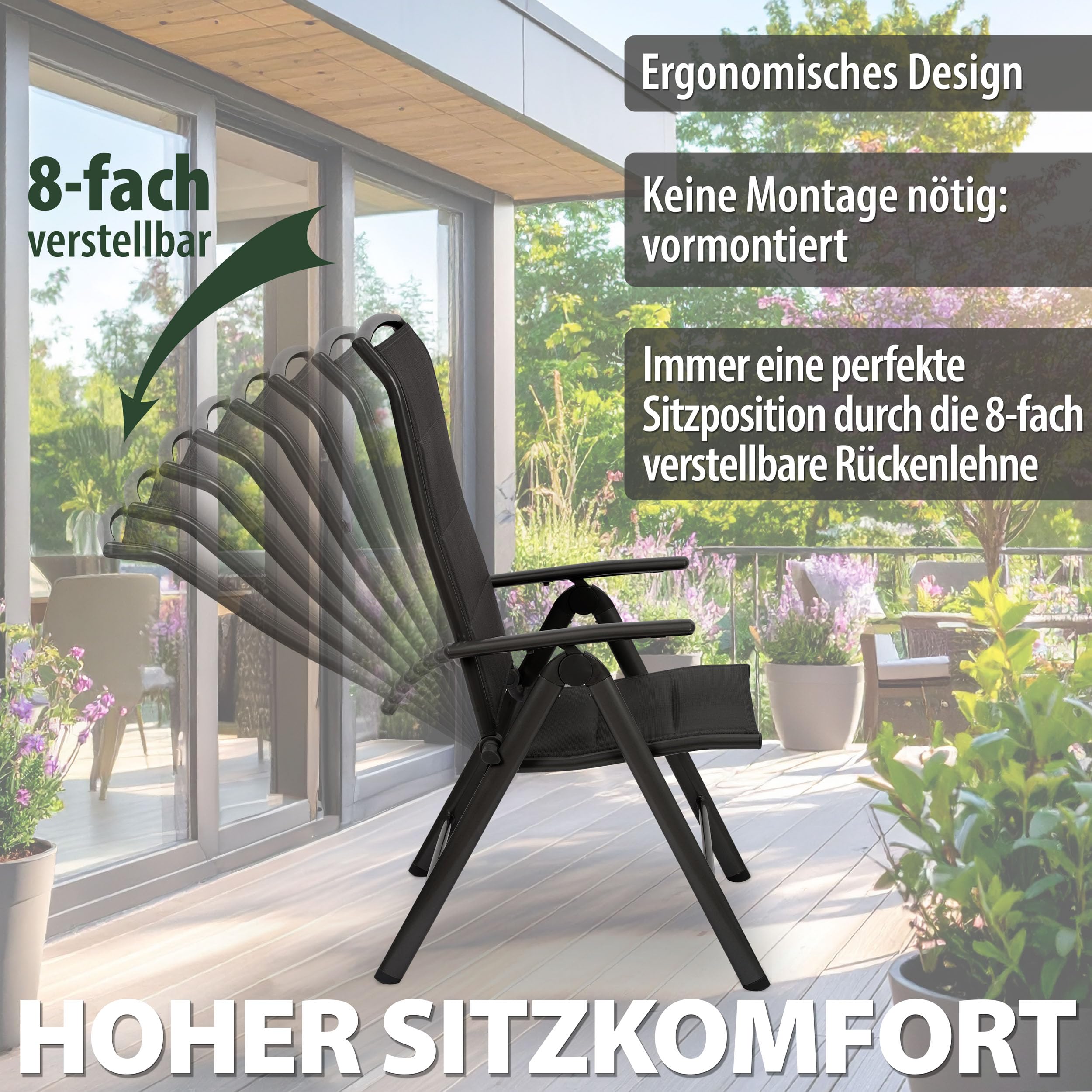 BRUBAKER 2er Set Gartenstühle Milano - Gepolsterte Klappstühle - 8-Fach verstellbare Rückenlehnen - Stühle aus Aluminium - Wetterfest - Anthrazit | 8-fach verstellbare Rückenlehnen - Stühle aus Aluminium - Wetterfest - Anthrazit