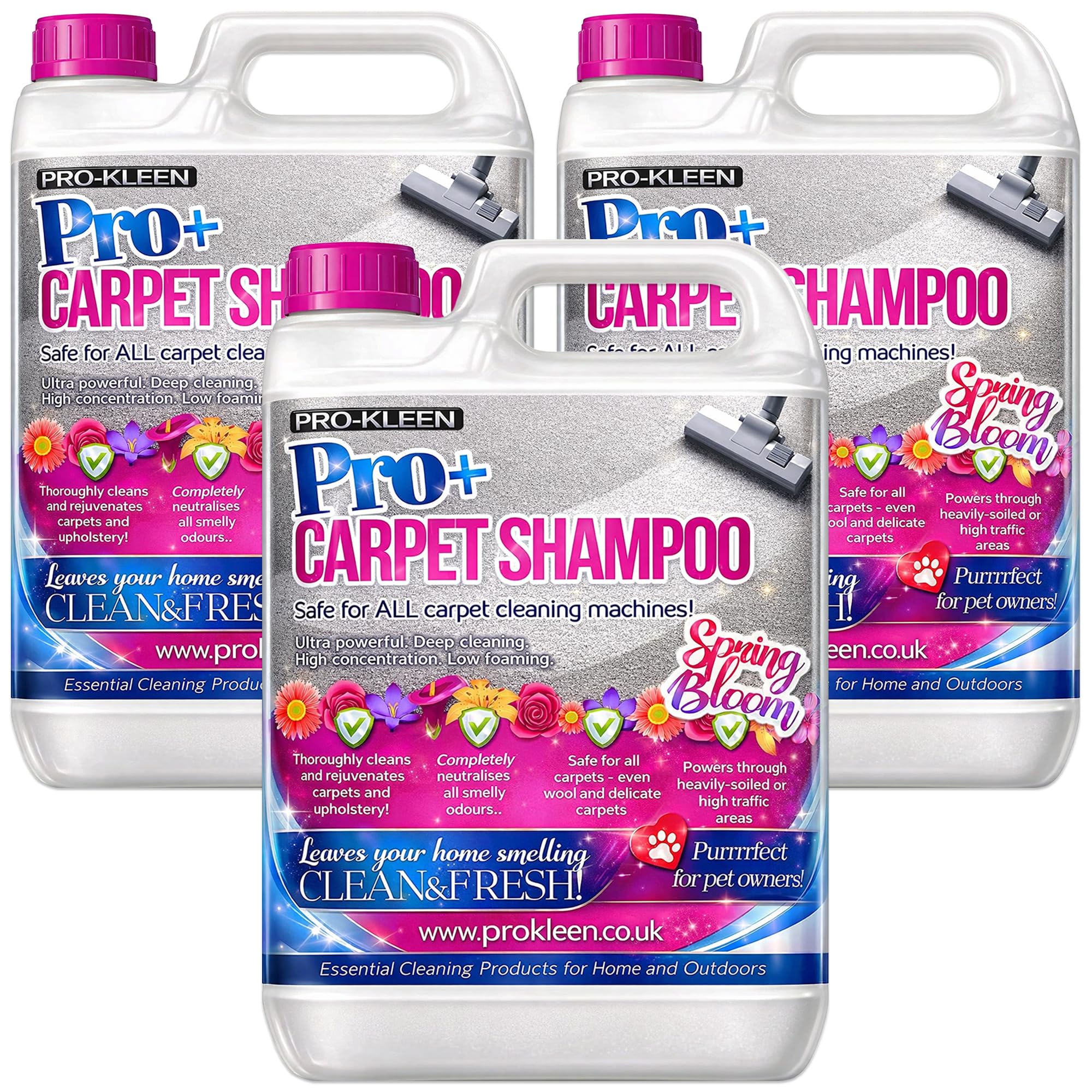 Pro+ Carpet and Upholstery Cleaning Solution – 4 in 1 Concentrate Carpet Shampoo – Suitable for all Machines 3 x 5L (Spring Bloom)