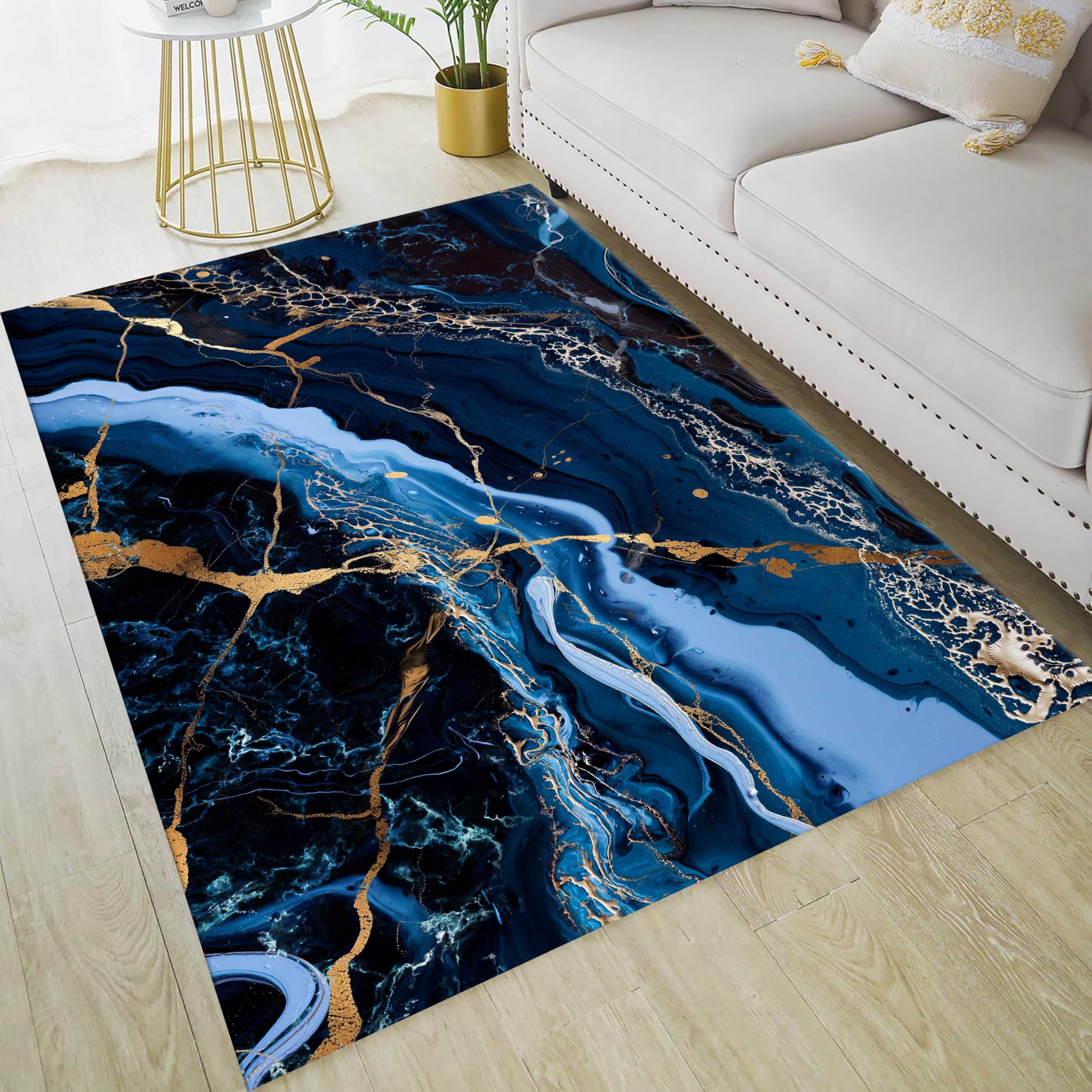 UNREASTO Luxury Navy Blue Marble Area Rug 5x7ft Black Blue Swirl Gold Line Printing Soft Washable Modern Living Room Large Rug Non-Slip Breathable