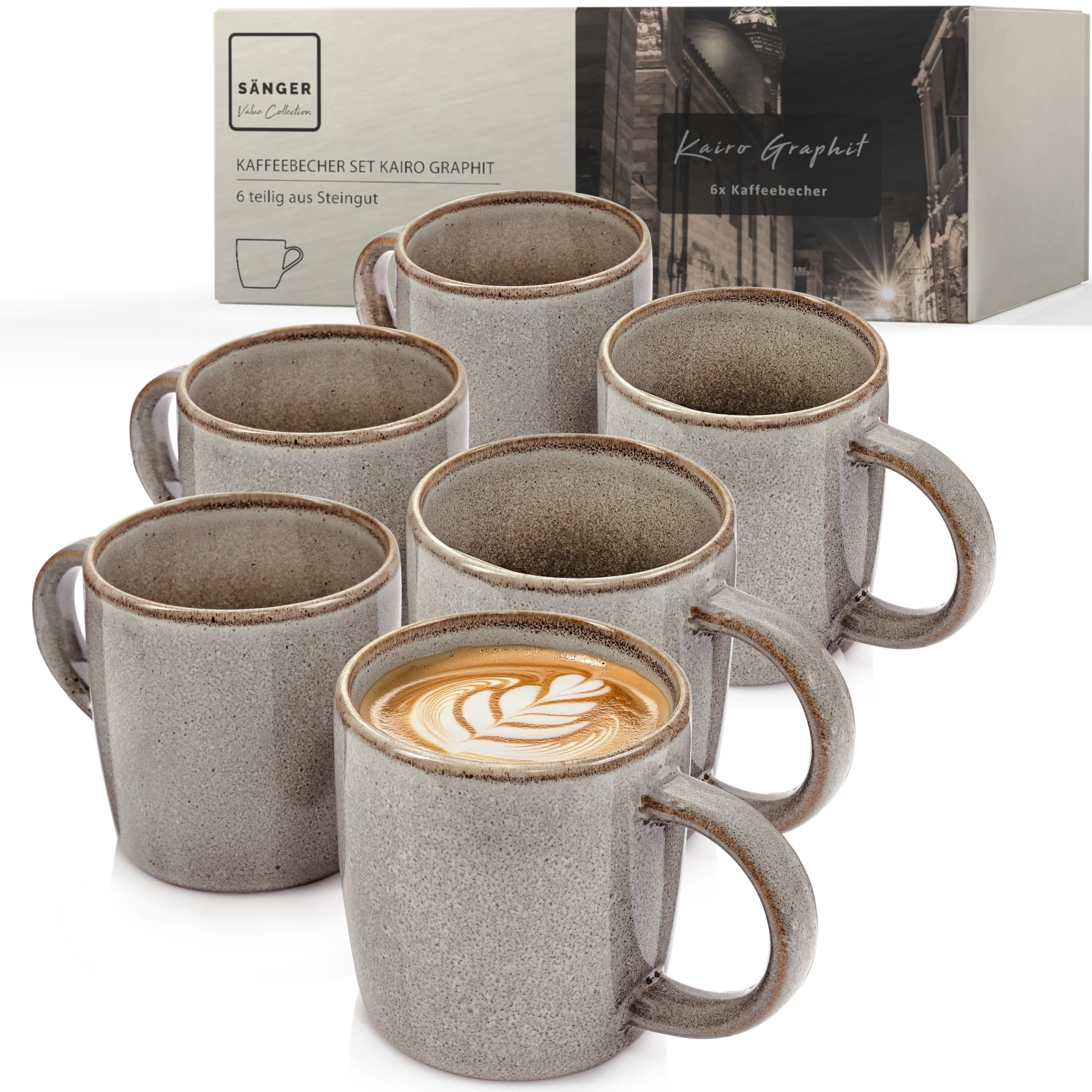 SÄNGER Kairo Graphit | Kaffeebecher 6 teilig, Steingut Tassen Set für 6 Personen, Tassen, spülmaschinen-mikrowellenfest, Coffee Mug Teetasse, Kaffeetassen Mocha Braun 400 ml | VALUE COLLECTION
