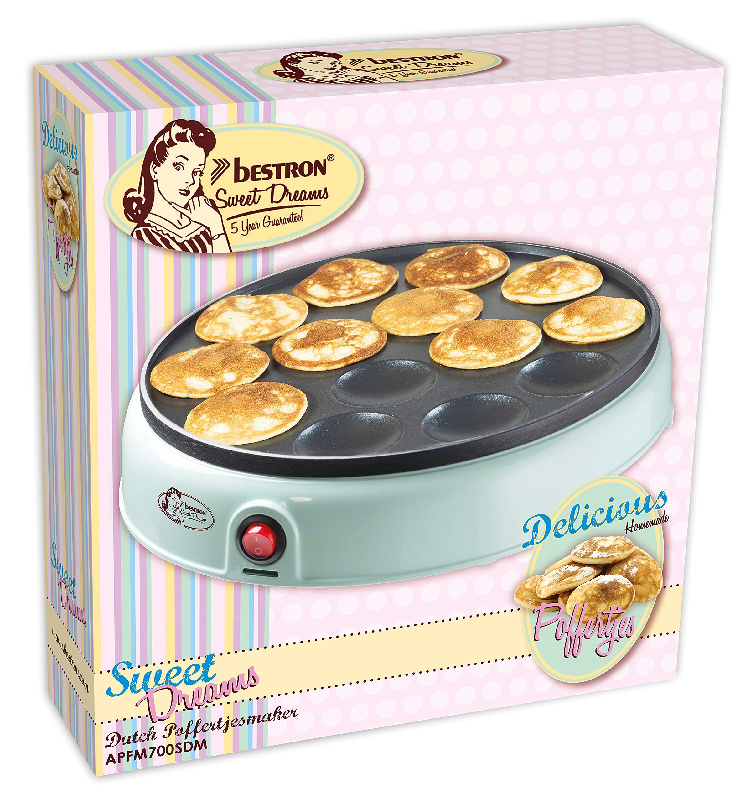 Bestron macchina per poffertjes dal design retrò, mini crepes, specialità olandese, macchina per pancake con rivestimento antiaderente e spia luminosa, collezione Sweet Dreams, colore: verde