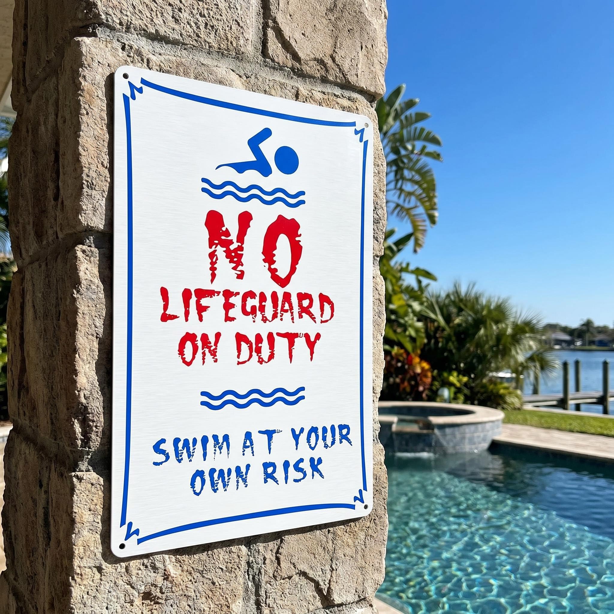 Funny Pool Rules Sign, Metal Swimming Pool Safety Signs, Humorous Outdoor Decor, 12x8 inches (black)-image-32