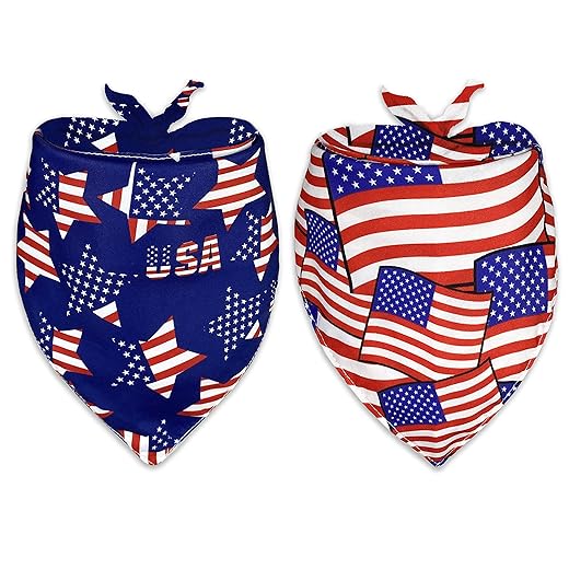 Pohshido 2 Pack Memorial 4th of July Dog Bandana, American Independence Holiday Bandanas for Small Medium Large Dogs Cats (Stars&Stripes/Old Glory, Large)