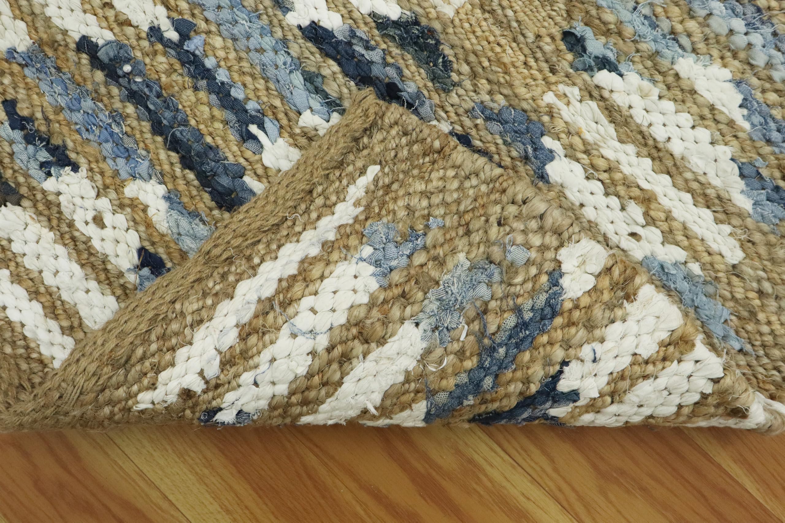 Tappeto in iuta intrecciata a mano, pesante, 6,3 x 35,5 cm, motivo geometrico naturale, blu e bianco, resistente, per interni ed esterni, ideale per corridoio, ingresso, scale, corridoio