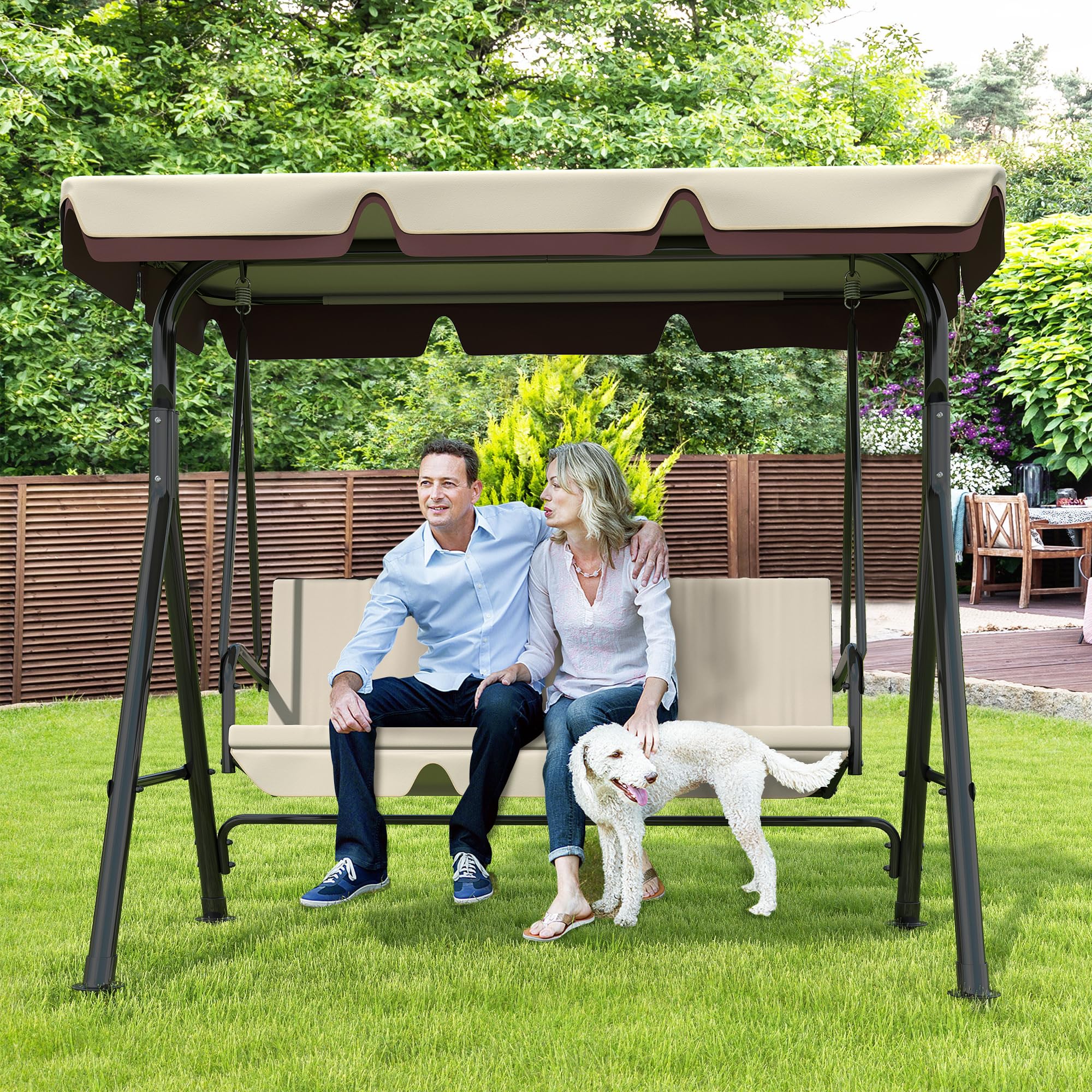 GARTOO 3-Seat Patio Swing Chair, Beige