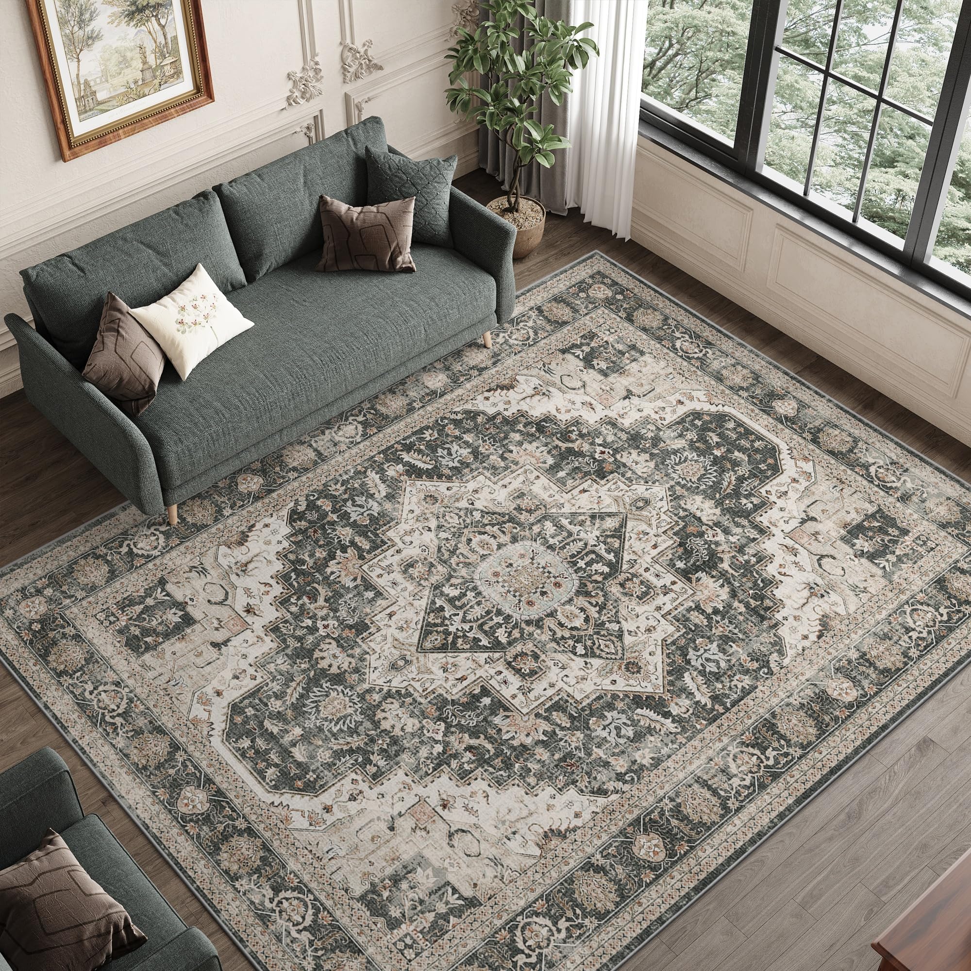 Roxstand Washable Rugs 8x10 Area Rugs for Living Room, Bedroom, Office, Ultra-Thin Anti Slip Backing Rug, Super-Soft Vintage Large Area Rug, Home