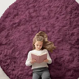 OLANLY Burgundy Round Rugs for Bedroom - Machine Washable, 7 ft Circle Area Rugs for Living Room, Soft and Fluffy Shaggy Carpet for Teen Girls and Boys, Nursery Rooms, Dorms, Home Decor Aesthetic