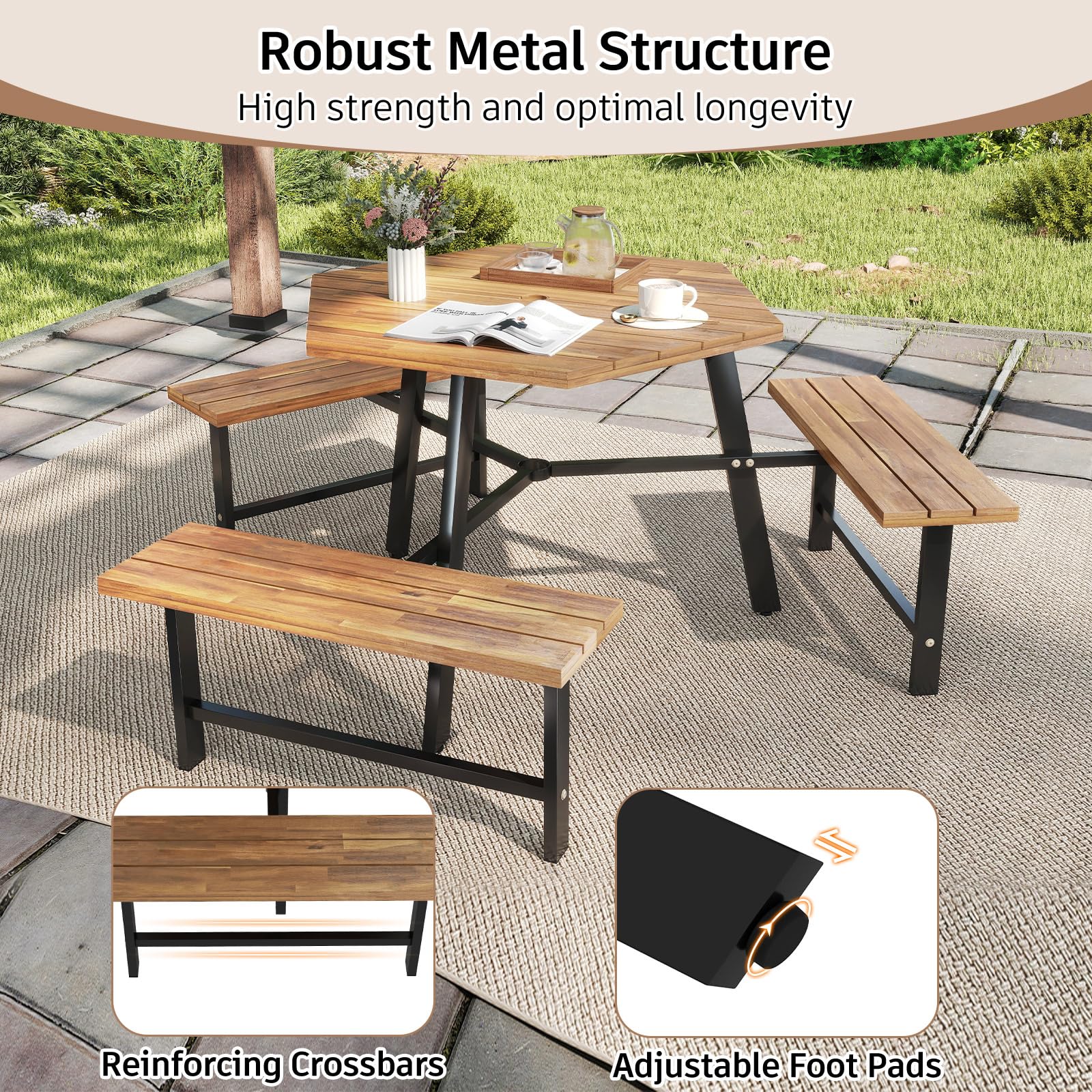 KOMFOTTEU Set di mobili per 6 persone, set da picnic in legno di acacia con foro per ombrellone, set da tavolo e 3 panche per giardino, terrazza, 191 x 165 x 70 cm