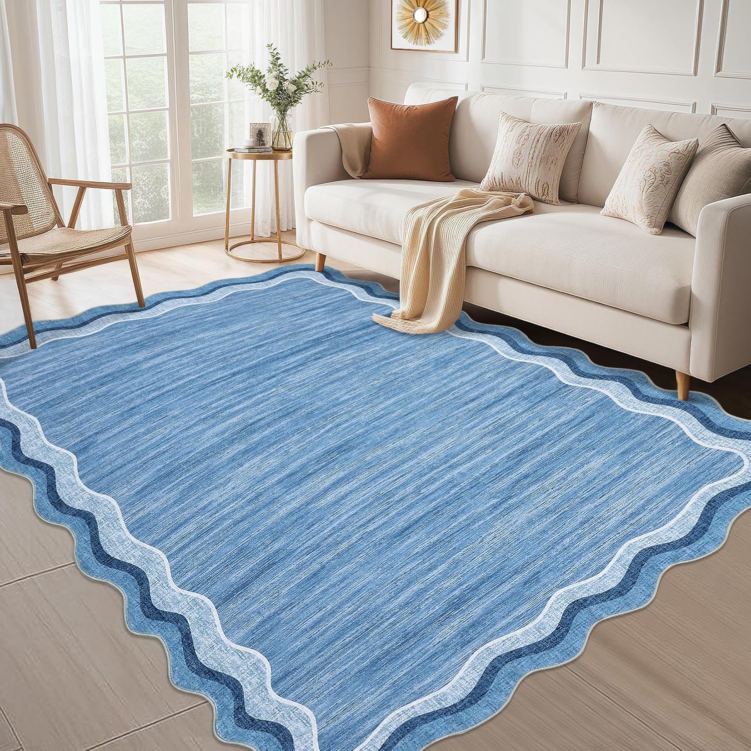 COZYLOOM Large Scalloped Area Rugs 9x12 Washable Modern Living Room Rug with Non-Slip Backing, Contemporary Low Pile Accent Carpet, Stain-Resistant Foldable Floor Cover for Dining Room, Blue