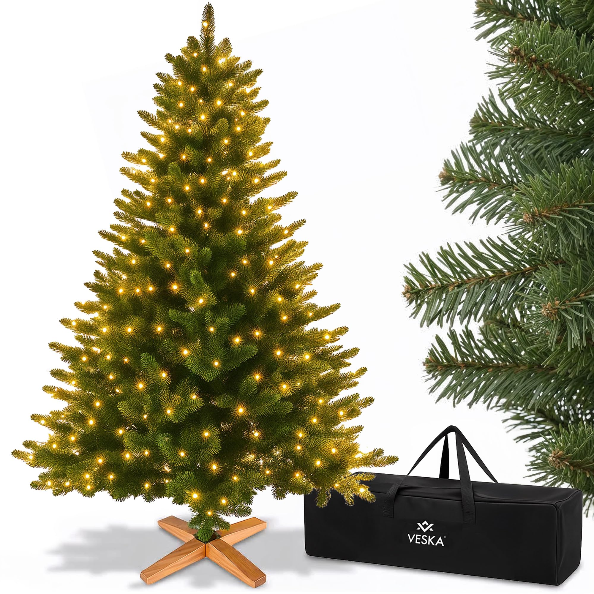 Premium Weihnachtsbaum künstlich 180cm - mit Holzständer, Nordmanntanne, Künstlicher Tannenbaum, Naturgetreu, dichte Zweige (140 cm mit LED)