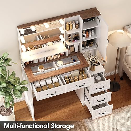 Miniatura 7 de Vabches Escritorio de maquillaje con luces y espejo, juego de mesa de tocador marrón con estación de carga, tocador superior de vidrio con luces