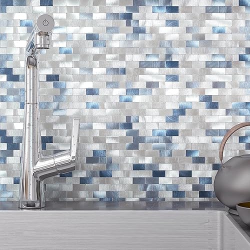 Miniatura 8 de BeNice Azulejos para salpicaduras de cocina, despegar y pegar, azulejos de metal para pared de baño, calcomanías blancas (10 hojas)