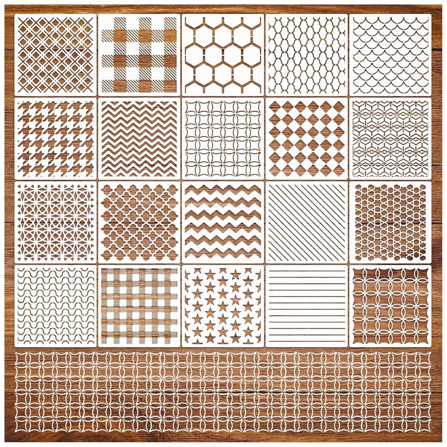 DEVASYA CRAFTS 20 Pieces Stencils for Painting Geometric Stencils for Crafts Reusable Abstract Layering Stencil for Wood Canvas Furniture Scrapbooking Floor Decor DIY Cookie Supplies (20 Geometric)