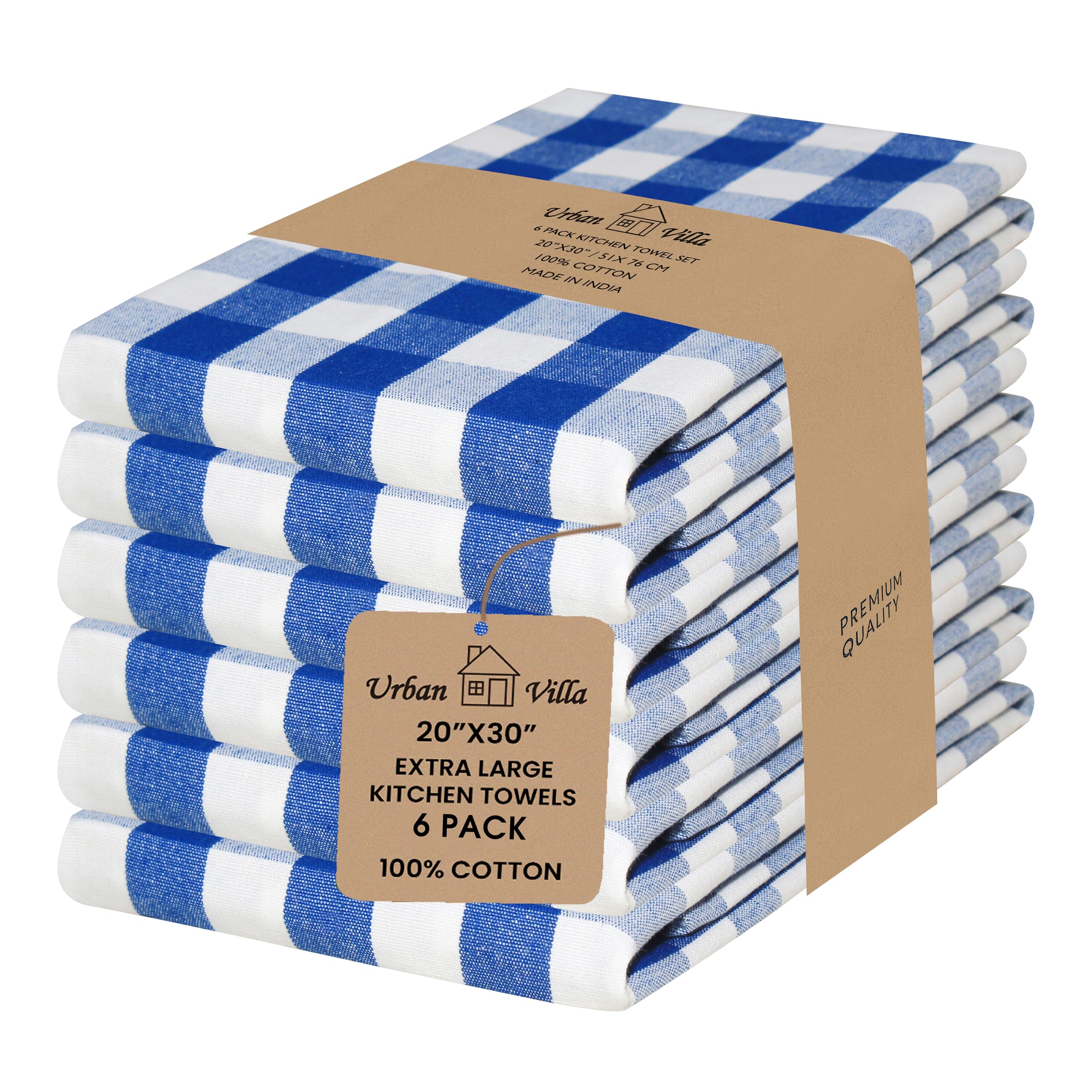 Urban Villa Kitchen Towels 100% Cotton Dish Towels for Kitchen (Set of 6) 20”x30” Dish Cloths Highly Absorbent Kitchen Linen Set with Hanging Loop Perfect for Drying Dishes Cleaning – Blue/White