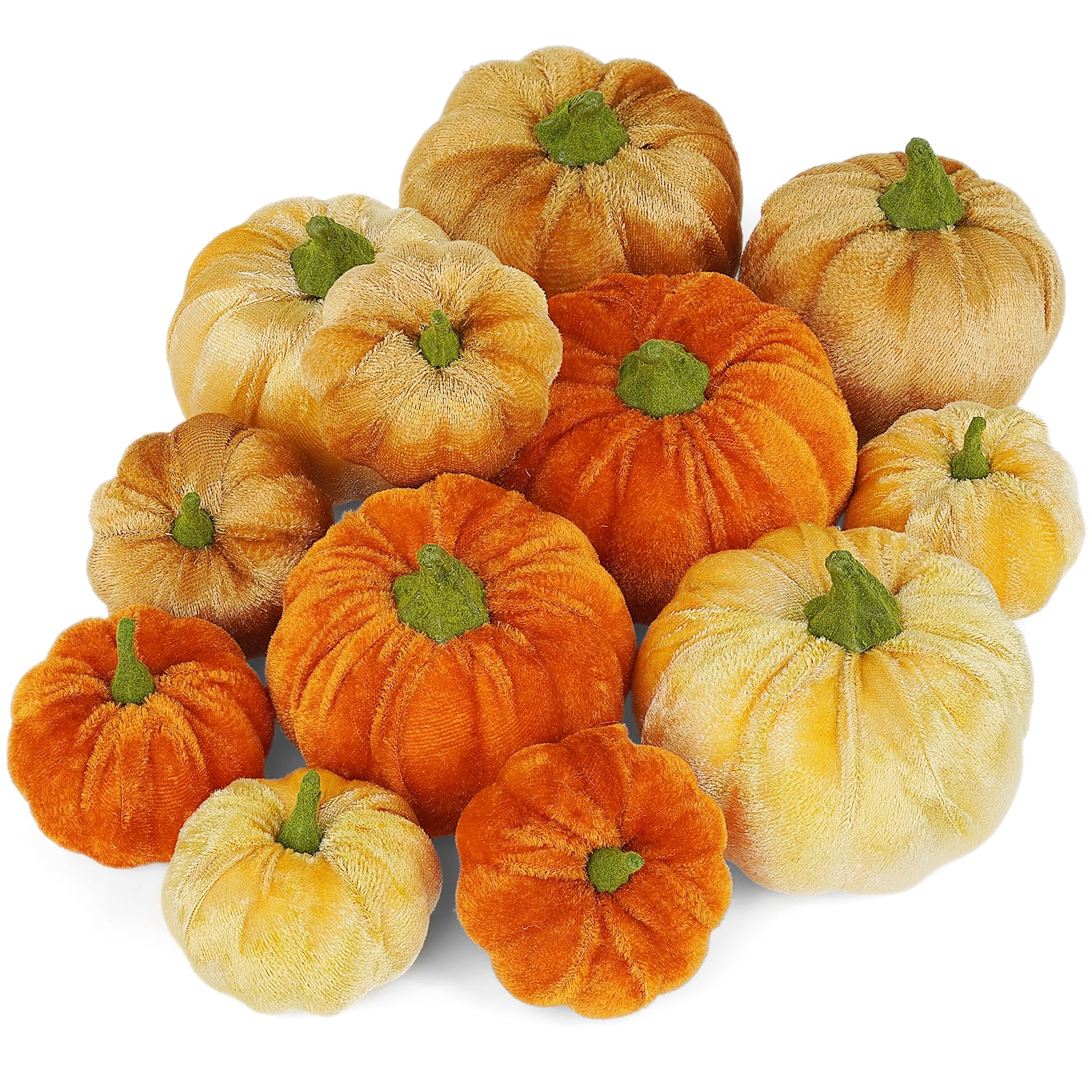 Ywlake 12 Pcs Autumn Artificial Pumpkins Assorted Sizes Fake Velet Pumpkins Orange Brown Beige Foam Pumpkins for Fall Harvest Thanksgiving Halloween Party Holiday Decor Decoration