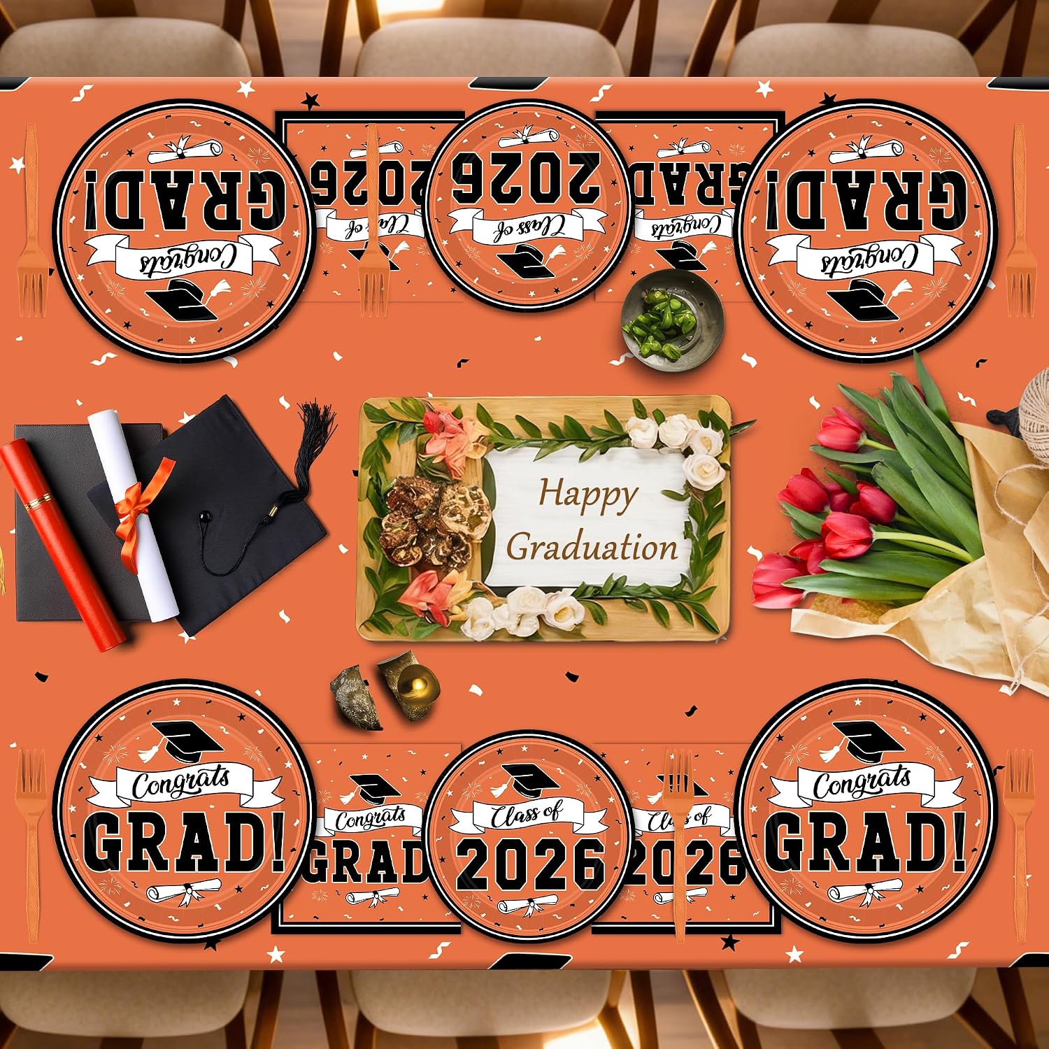 QZYL 122 Pcs Graduation Decorations 2026 Orange, Disposable Class of 2026 Graduation Plates and Napkins Serve 30, Grad Party Decor Paper Tableware Congrats Grad for College Say Googbye Party Supplies