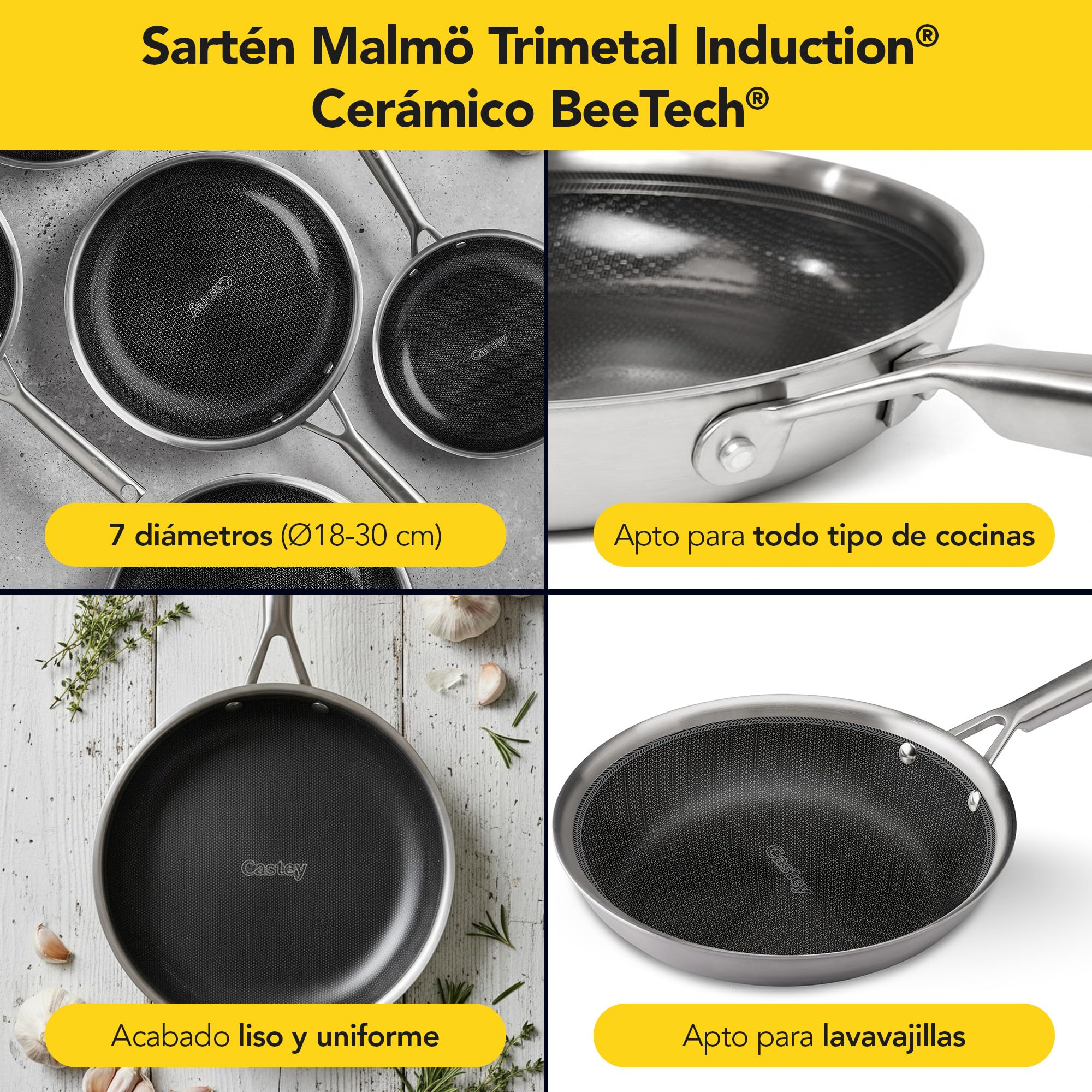 Castey - Sartén de Inducción Malmö Trimetal BeeTech, Modelo MBE-S22, Tamaño 22 cm, Acero Inoxidable 18/10 y Mango Ergonómico, Revestimiento Cerámico BeeTech Sin PFAS, para Todas las Cocinas