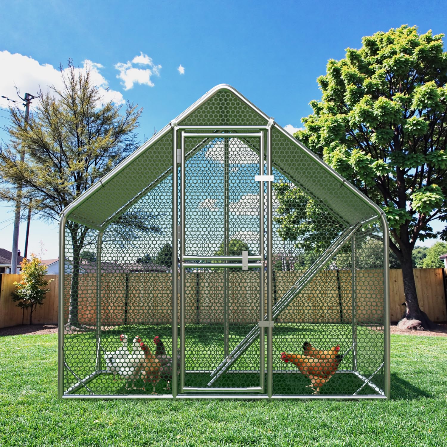 Gallinero grande de metal 2 x 2 x 1,7 m con cubierta de techo, cercado para gallinero para jardín, resistente a la intemperie, para 4 a 6 gallinas, con accesorios y escalera de asiento