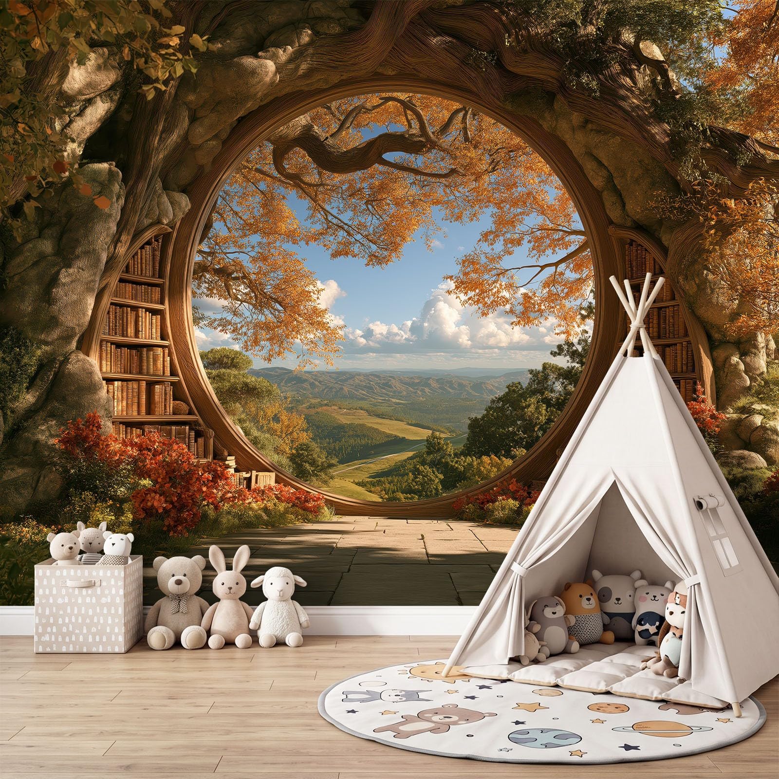 Générique Panoramiczna tapeta 250 x 175 cm fantasy fenster Pflanzen Uralte Bäume włóknina XXL fototapeta dekoracja ścienna gobelin obraz salon sypialnia - tapeta Trompe l'eil efekt 3D, żółta