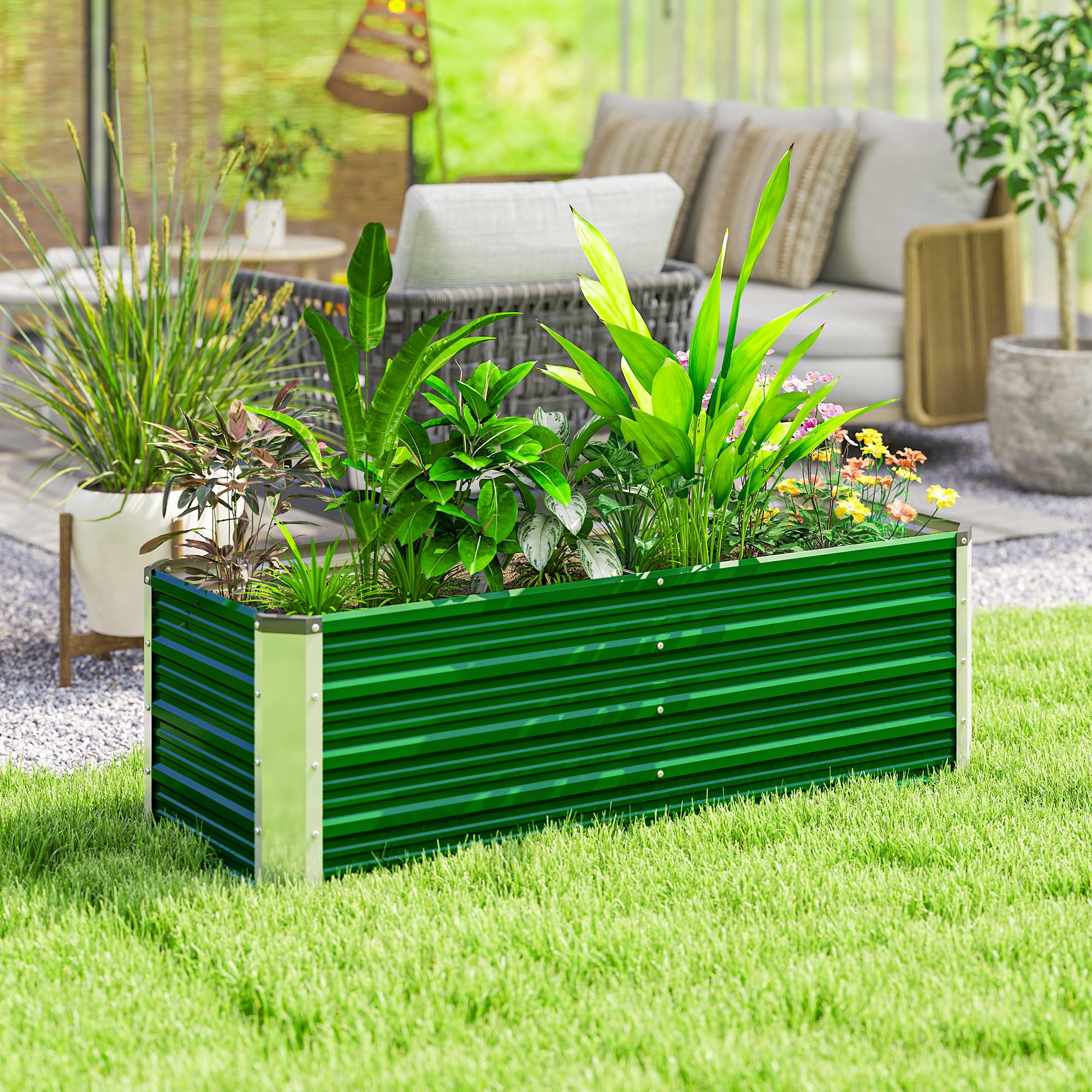 Outsunny Letto per Orto Rialzato da Esterno 210L, Fioriera da Balcone in Acciaio Galvanizzato con Fondo Aperto, per Piante, Fiori e Verdure, 125x47x44 cm, Verde
