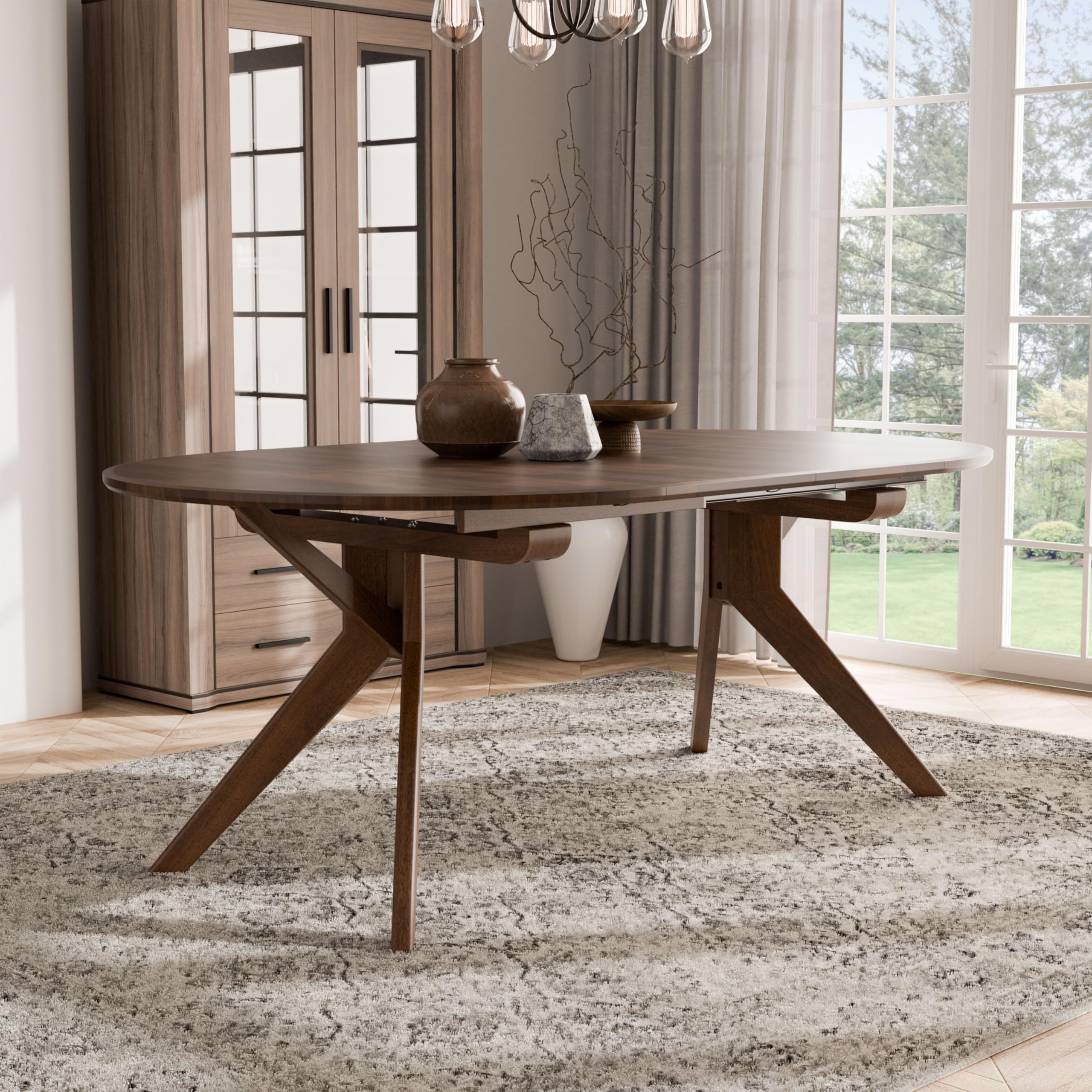 Furniture of America Nazaen V 78.5" Mid-Century Modern Solid Wood Live Edge Extendable Dining Table with Steel Support, Walnut Finish, Seats 6–8