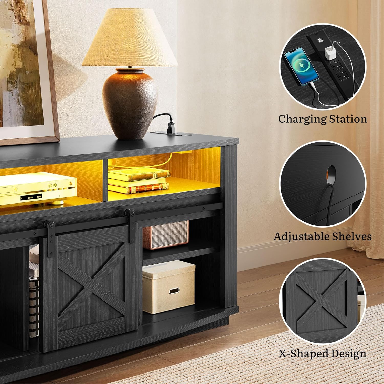 YITAHOME TV Stand for 75/80 Inch TV, Black Entertainment Center 70 Inches Wide, Media Furniture TV Table with with Power Outlet, TV Consoles for Living Room, Curved Desktop, Sliding Barn Doors