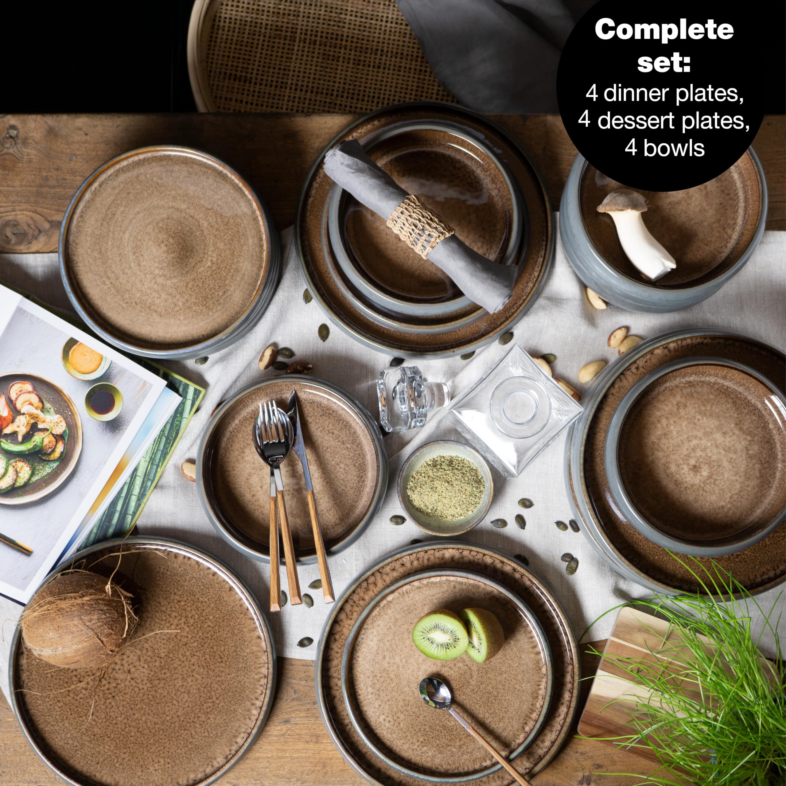 Moritz & Moritz SOLID 12-piece Stoneware Dinnerware Set for 4 People - Dinnerware Set consisting of 4 Dinner Plates, Small Plates, and Large Bowls (Brown)