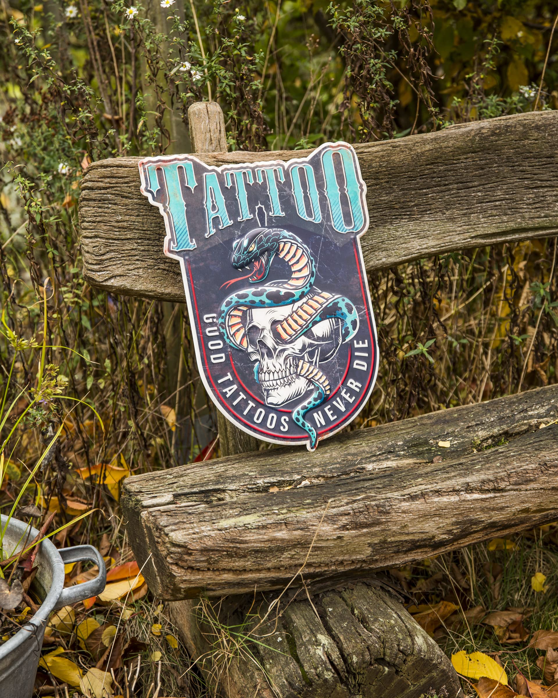 Targa In Metallo Grande 45x35 Cm – Decorazione Da Parete In Rilievo Con Teschio E Serpente – Stile Tatuaggio - 2