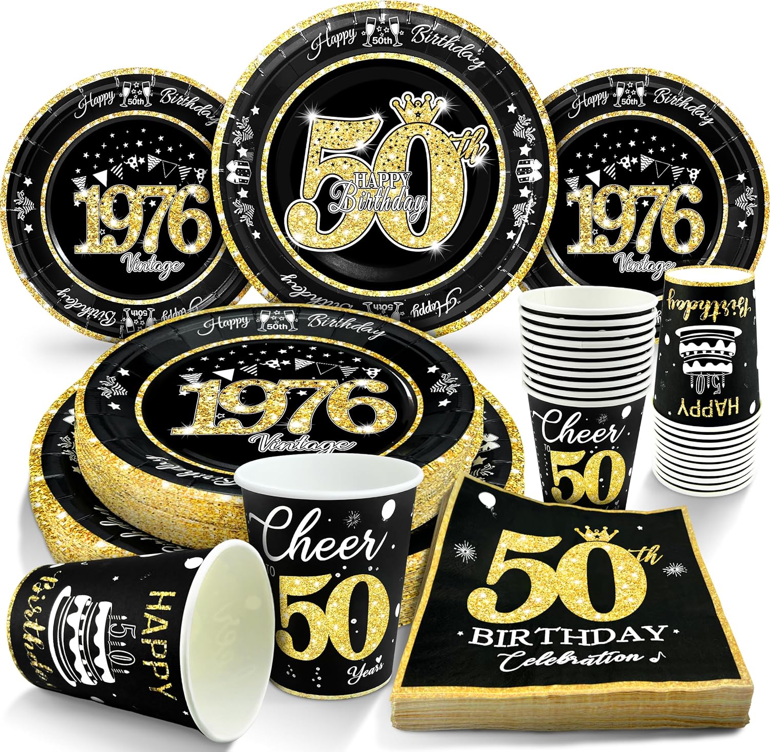 50th Birthday Decorations Black and Gold, Service for 30, Vintage 50th Birthday Party Supplies Includes Black Vintage 1976 Plates, Napkins, Cups 50th Birthday Plates and Napkins for Men Women