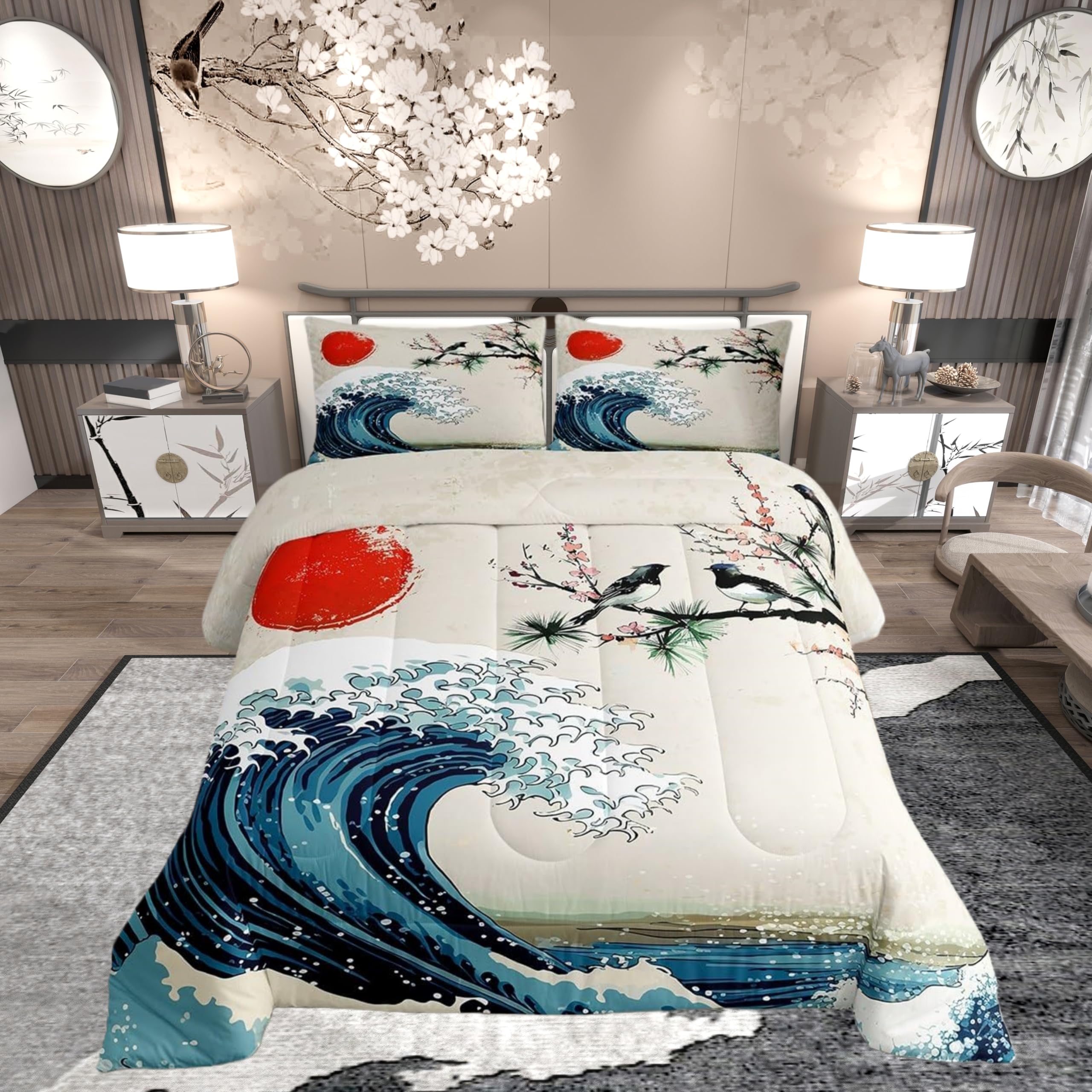 Edredón olas de mar estilo japonés Ukiyoe juego de cama Queen 3 piezas con relleno decoración