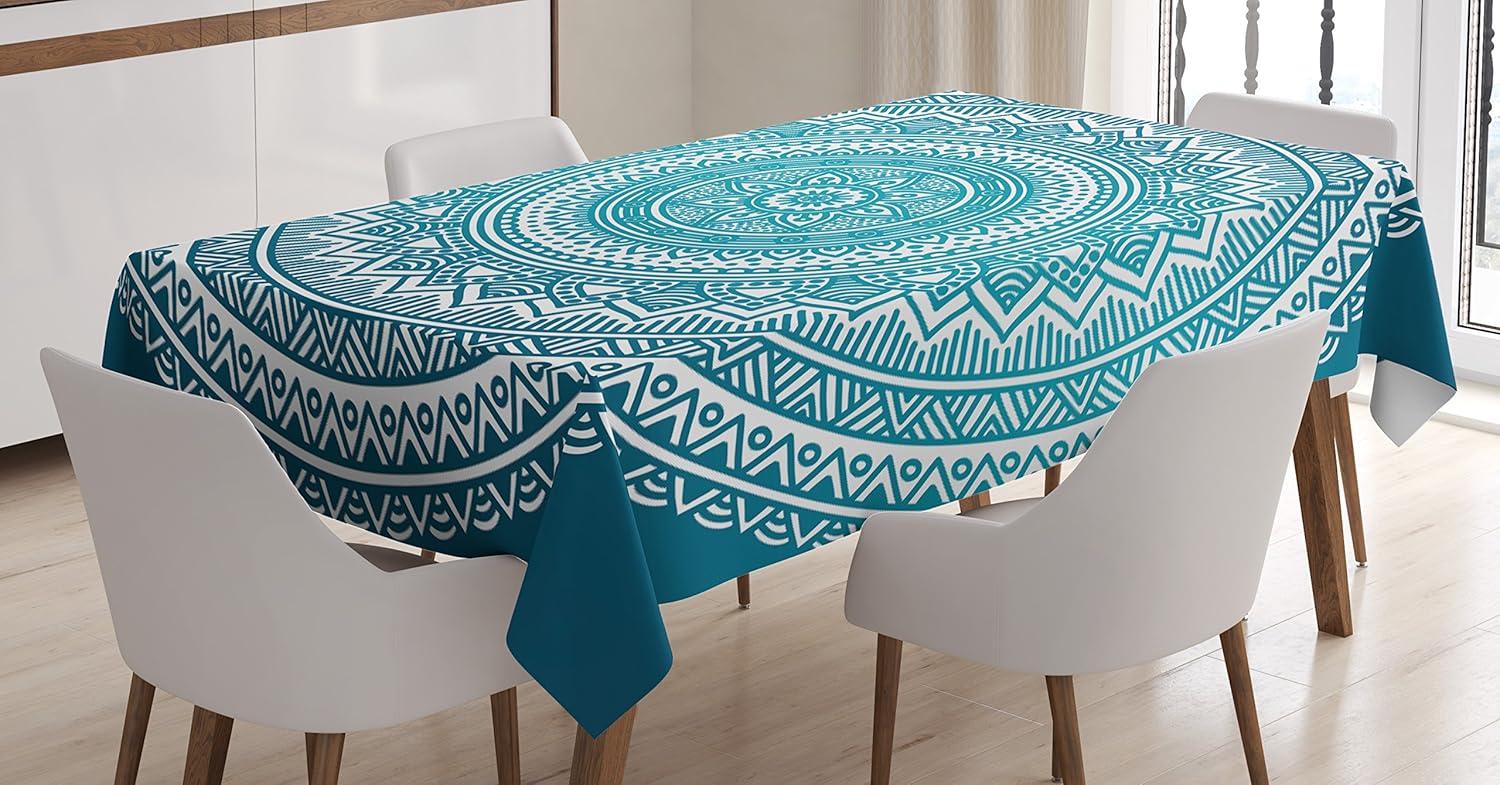 Ambesonne Turquoise Ombre Tablecloth, Mandala Medallion Starry Design with Flower in Middle Art, Dining Room Kitchen Rectangular Table Cover, 52" X 70", Dark Turquoise 52" X 70" Dark Turquoise